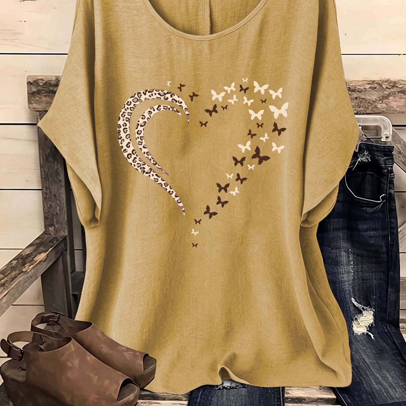 TEMU Women's Easy Creative Printed Casual Round Neck Short Sleeve Shirt, 1pc Women's Blouse, Elegant Party Wear, Women's Shirt, Spring Summer Fall