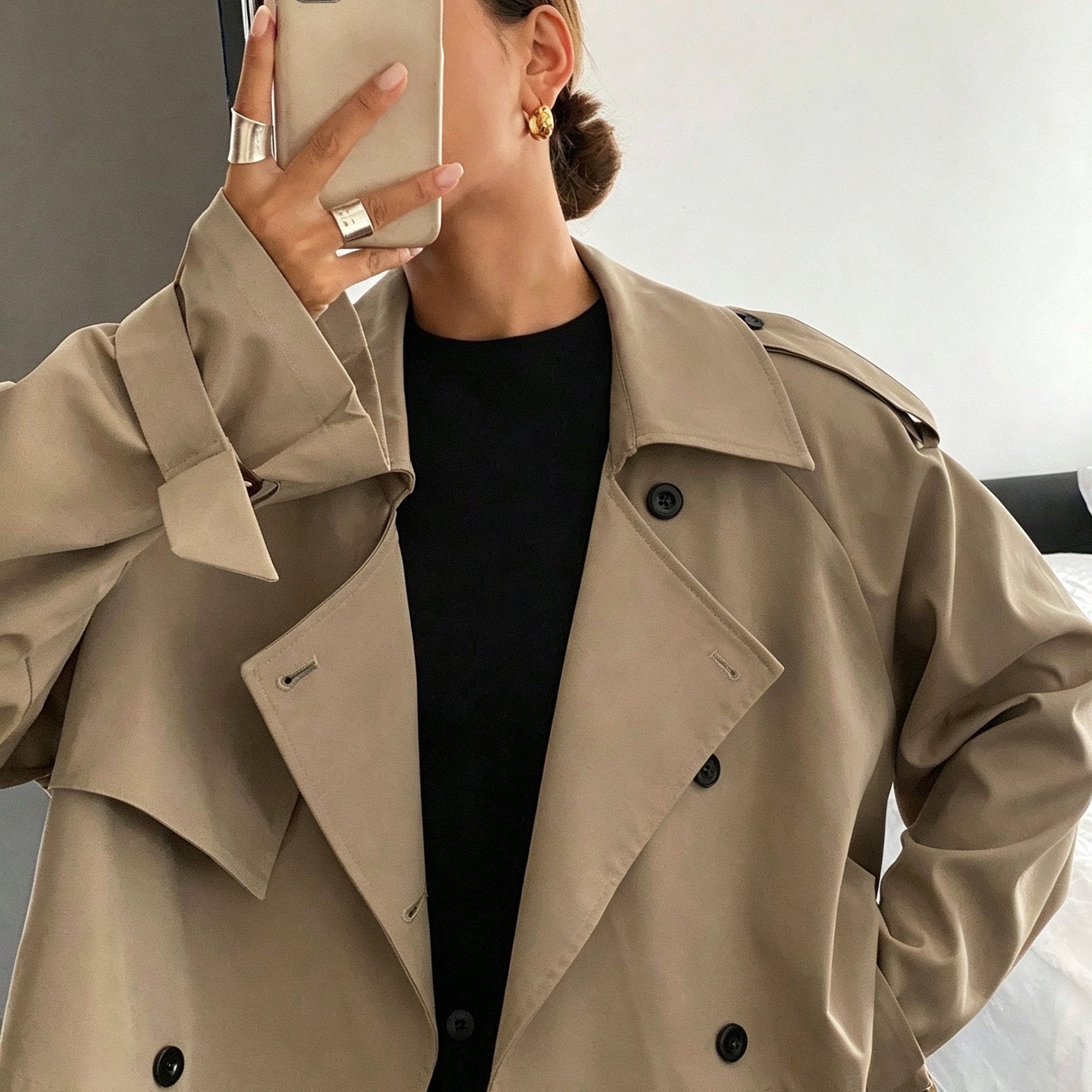 TEMU Women's /autumn Front Button Short Long-sleeve Trench Coat, Fashionable And Elegant High-end Suit Lapel Solid Color Outerwear