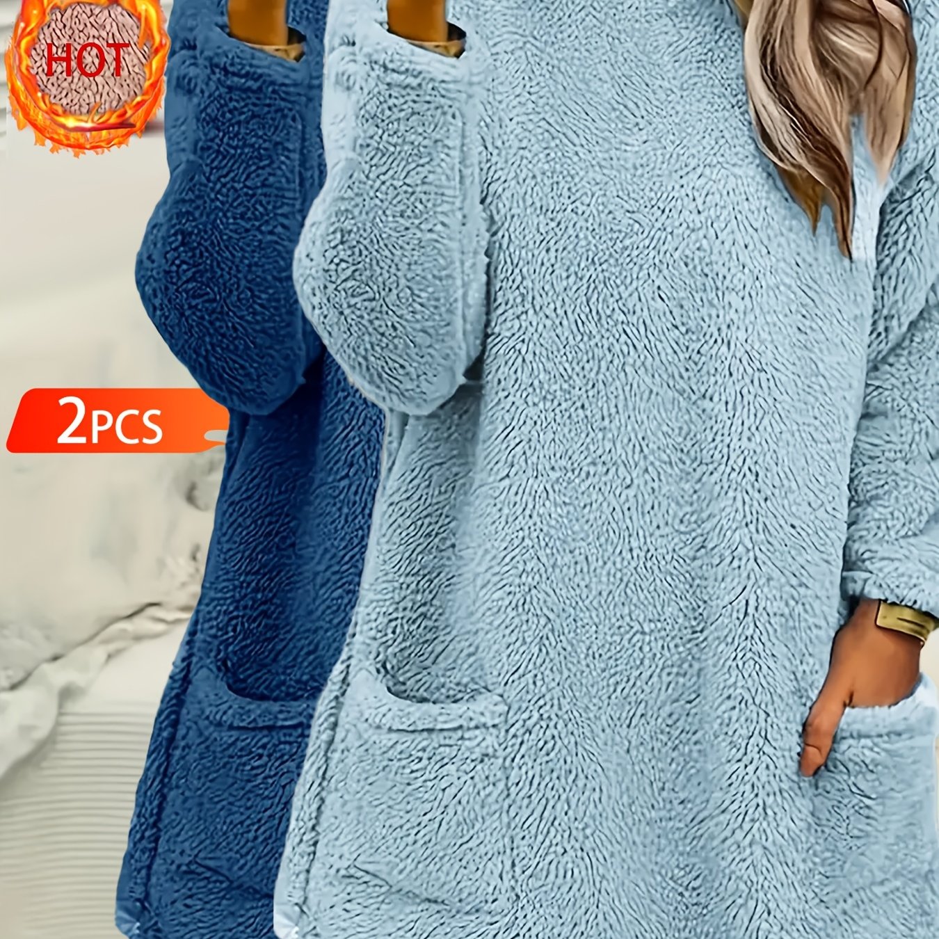 E-shop 2 Stück Damen Herbst/Winter Bequeme Warme Teddy Doppelseitige Loungewear, Langarm Mittellanger Pullover mit , Geeignet für Outdoor Zuhause