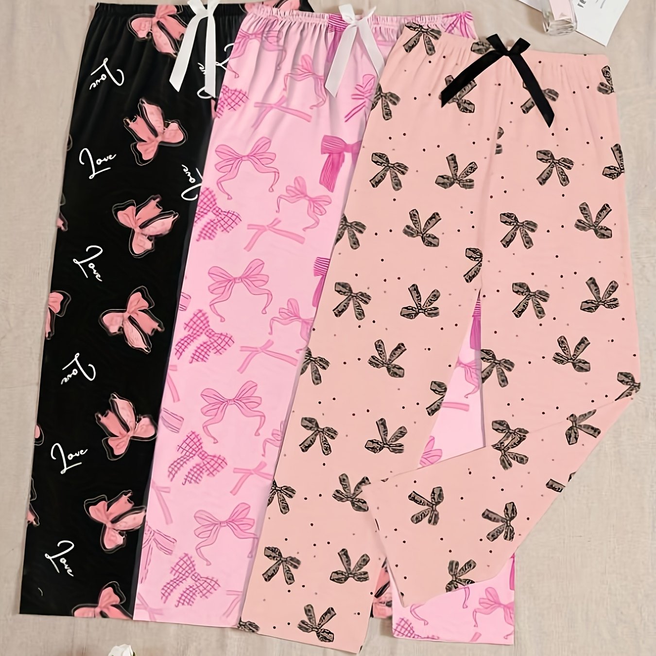 TEMU 3pcs Set Women Bow Print Lounge Pants Bowknot, Fall Clothes