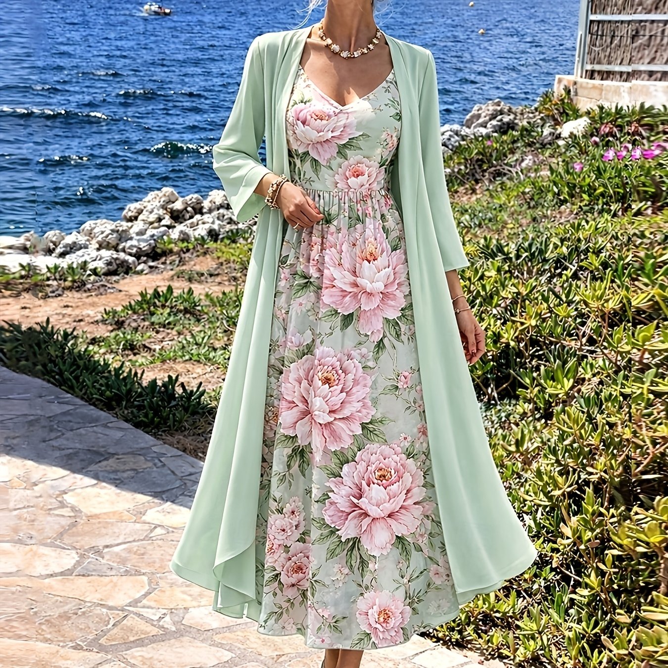 TEMU Completo Abito da Donna - un Elegante Abito Stampato Stile Beach con Molteplici Motivi, una Gonna a Met� Polpaccio, Maniche a Tre , un Scollo a