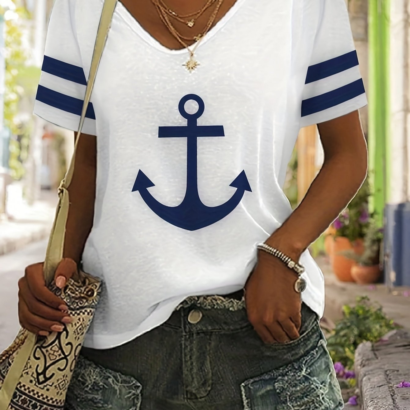 Image of Plus Size, Plus Size Anchor Print V-neck T-shirt, Spring/summer Casual Short Sleeve T-shirt, Women's Clothing 0xl-9xl