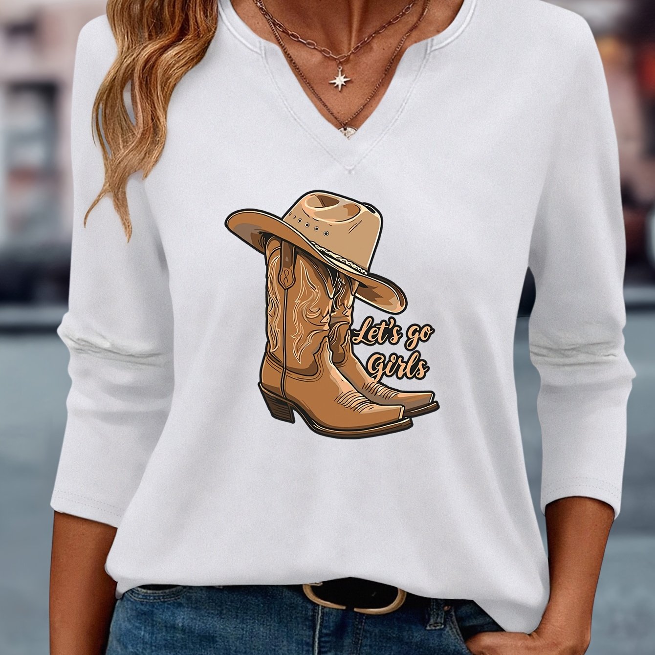 TEMU Women's Western Cowgirl Boots & Hat Applique V-neck T-shirt - 7/8 Sleeve Cowgirl Suit Top, Casual Spring/fall Outfit, Machine Washable Western