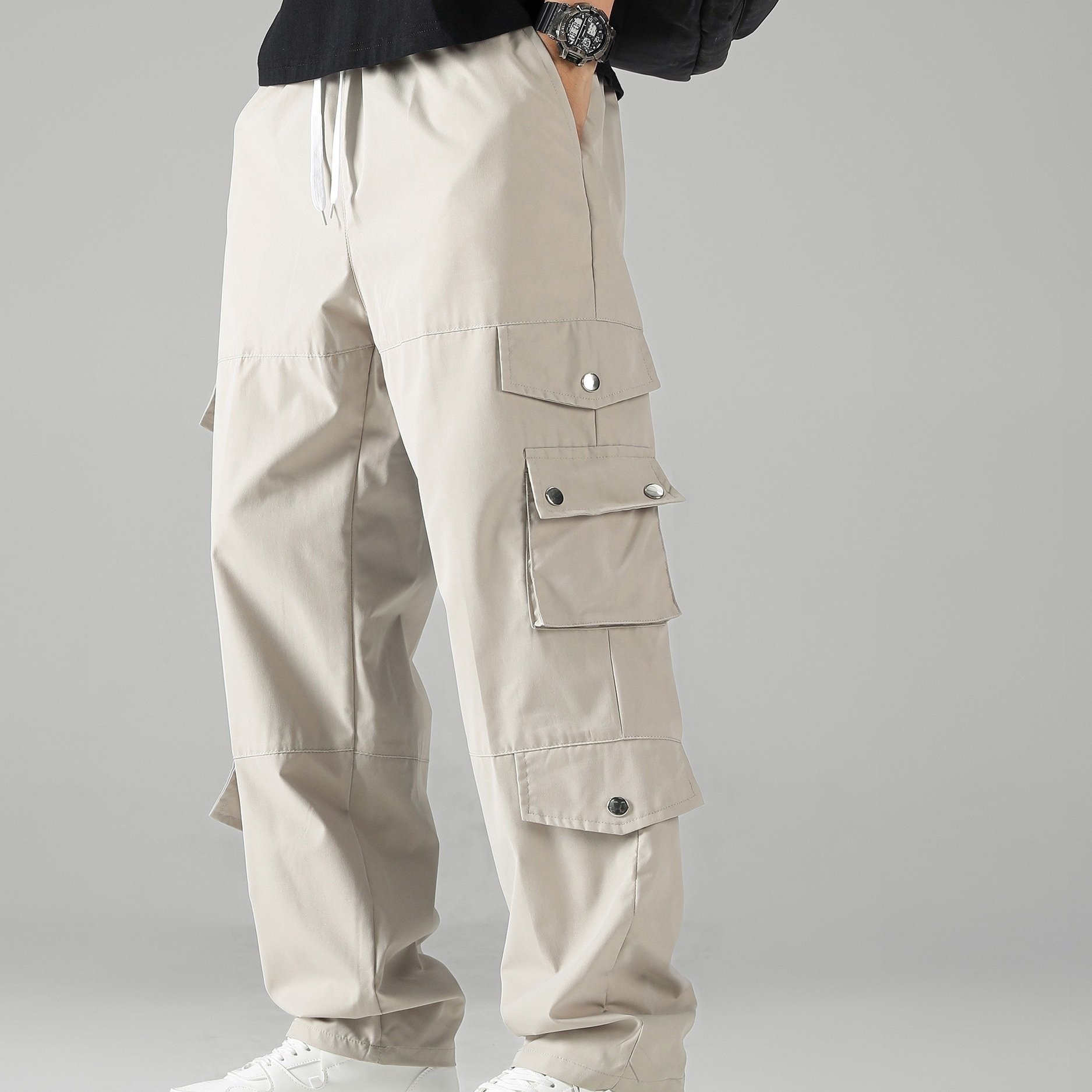 TEMU Men's Quick-dry Cargo Pants With Multiple Pockets - Casual Outdoor & Motorcycle Style, Polyester, Machine Washable