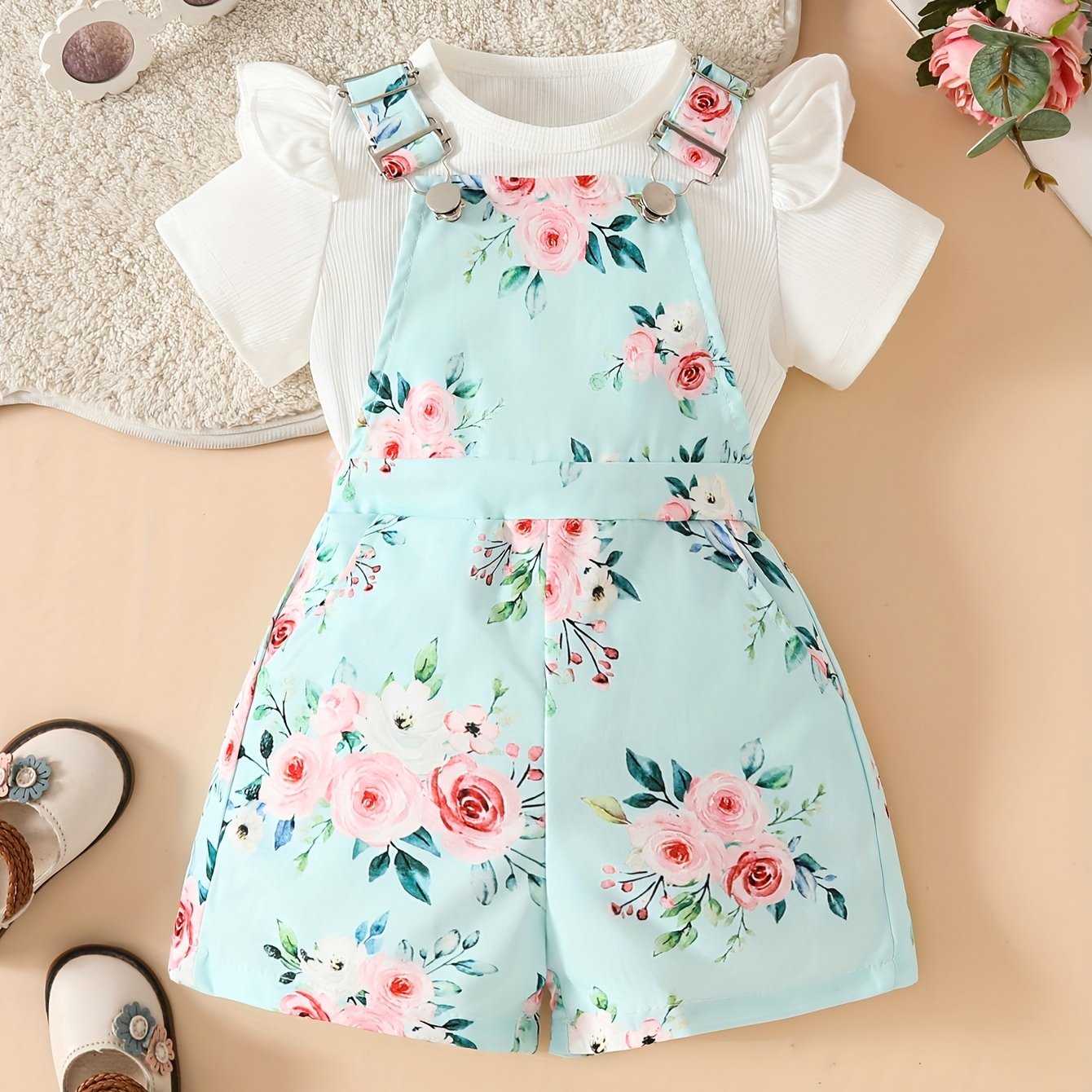 Image of 2pcs Baby Girl Flower Pattern Jumpsuit And Fashion Solid Color Short Sleeve, Spring And Summer Girl Clothing, For Outdoor