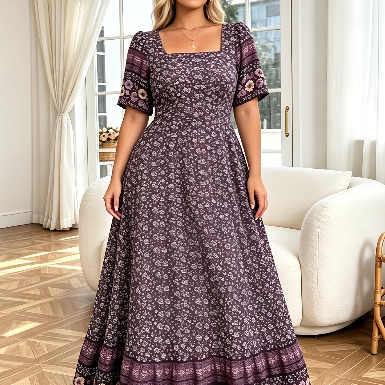 Image of Plus Size, Summer Plus Size Women Bohemian Maxi Dress, Square Neck Short Sleeve Floral Print Vacation Dress