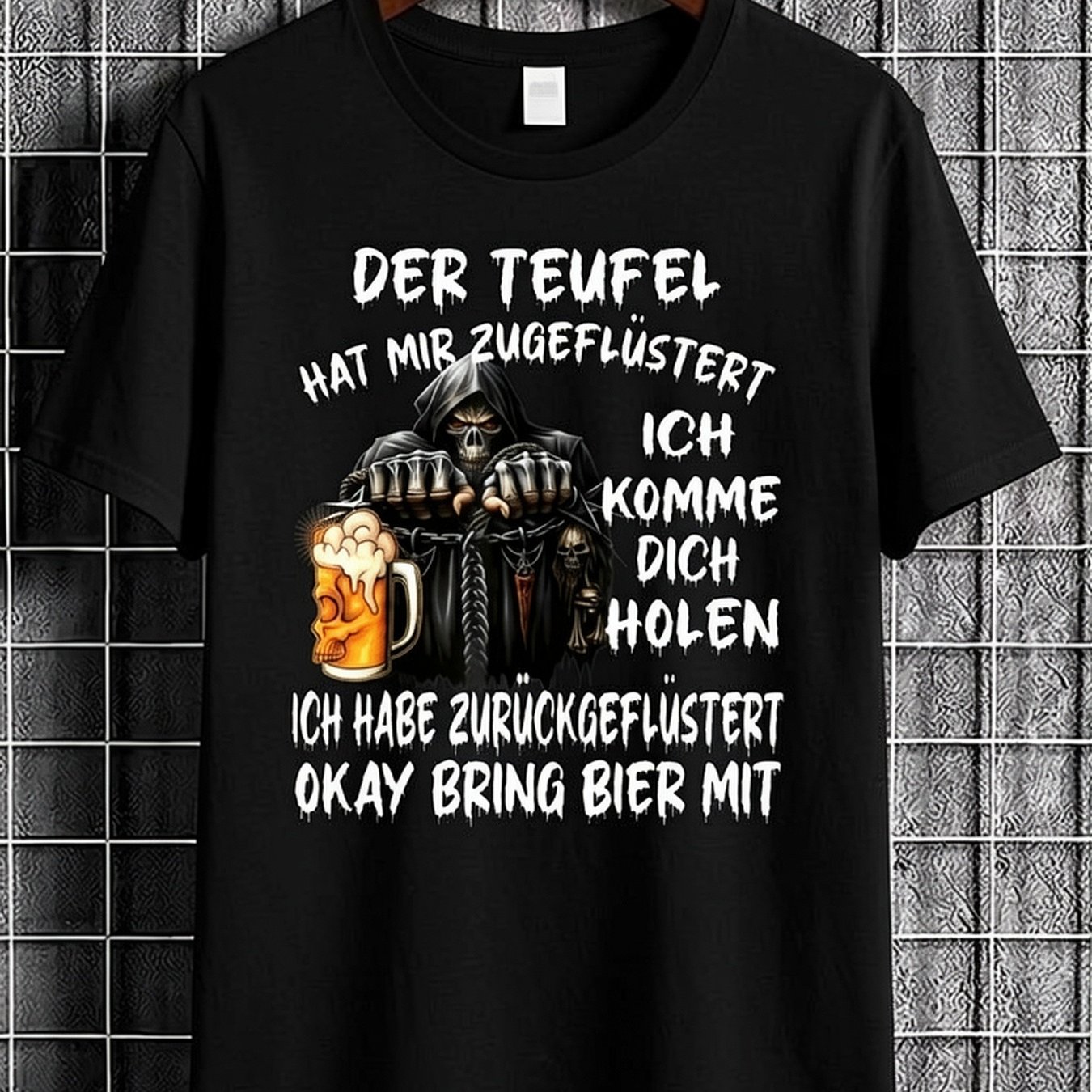 Image of Casual And Party Attire Featuring A With A Reaper And Beer Mug Design, Along With German Text, Plus Size