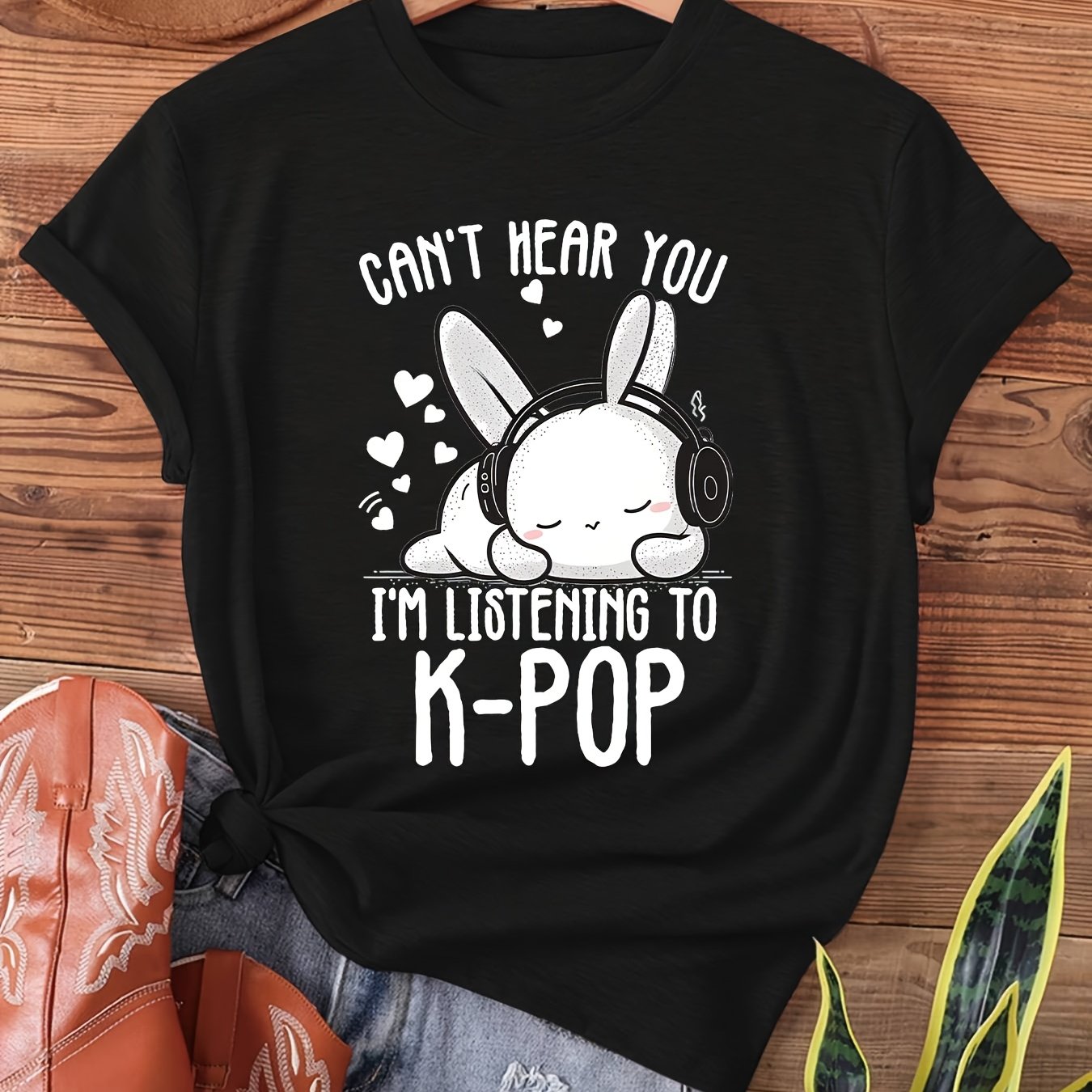 TEMU The Y-k-pop Rabbit Is Listening To Music But It. I'm Wearing A K-pop Rabbit Print T-shirt, A Casual Short-sleeve Crew Neck Top Suitable For