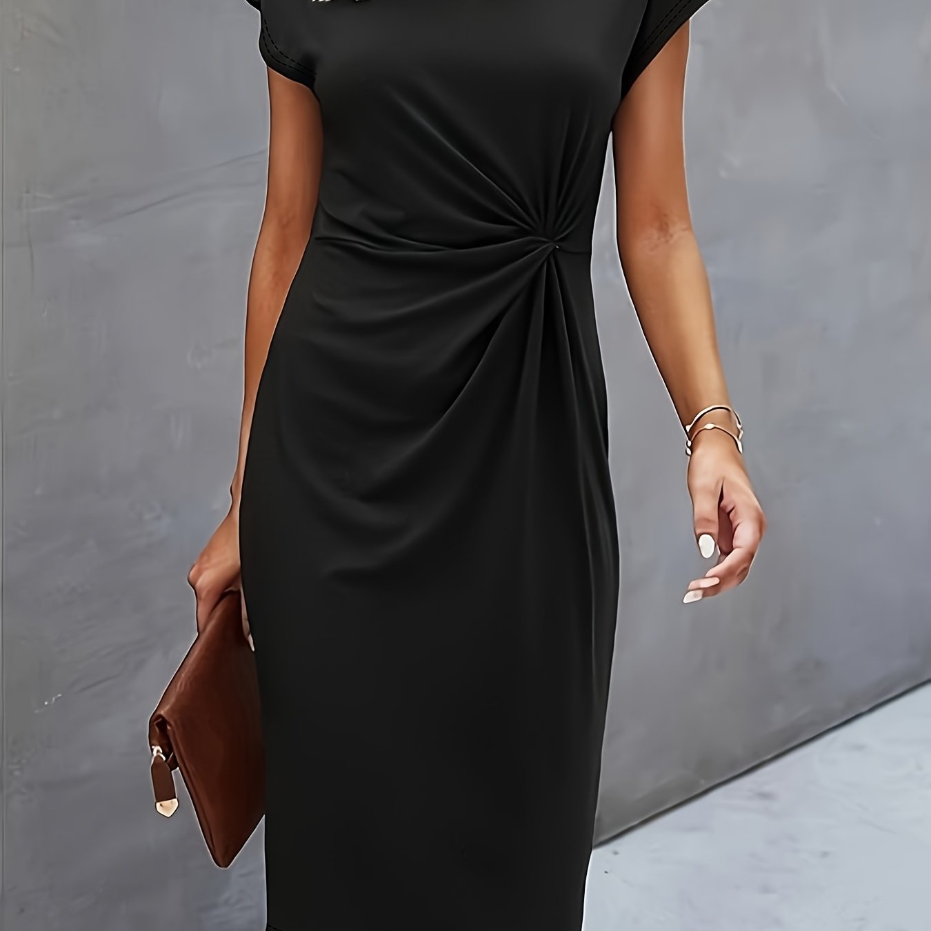 TEMU Women's Elegant Solid Color Black Twist Knot Front Round Neck Short Sleeve Dress - Slim Fit Knee-length Machine Washable Office & Casual Wear, Sleek Silhouette Design