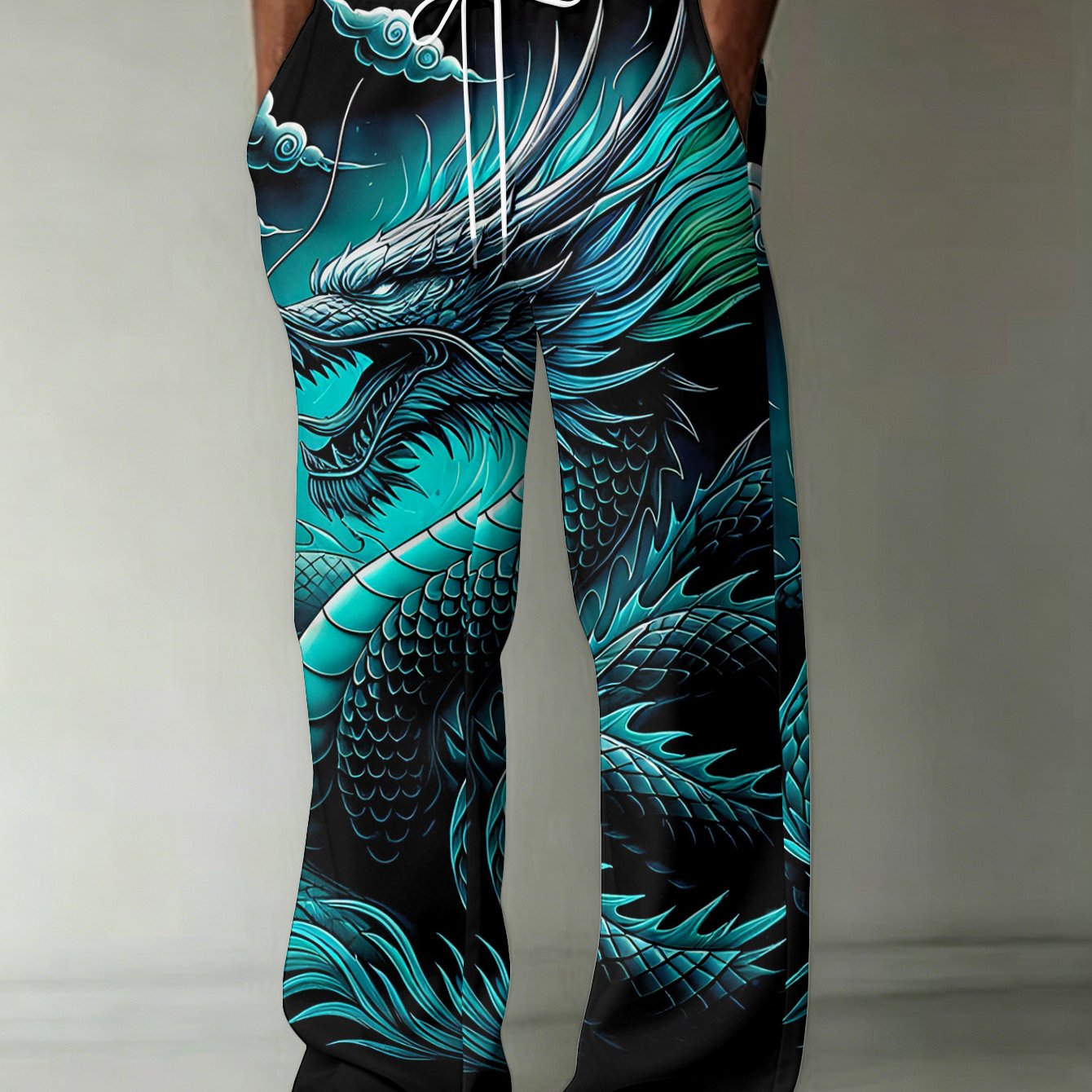 TEMU Fashionable Printed Men's Trousers Featuring A Dragon With Flowing On A Black Background. Straight-leg Pants Come With Pockets And A Drawstring,