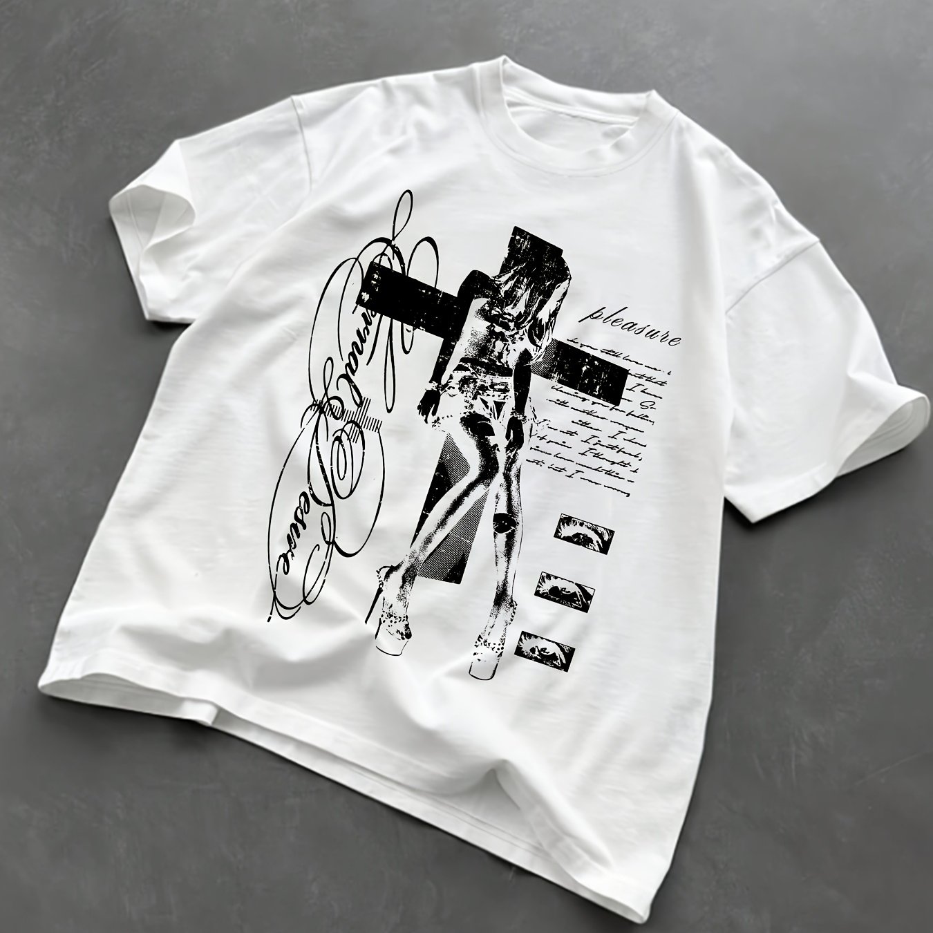 TEMU Y2k Women's Casual Loose Round Neck Short Sleeve T-shirt, Dark Style Portrait Print, Machine Washable For Spring And Summer, Round Neck Top,