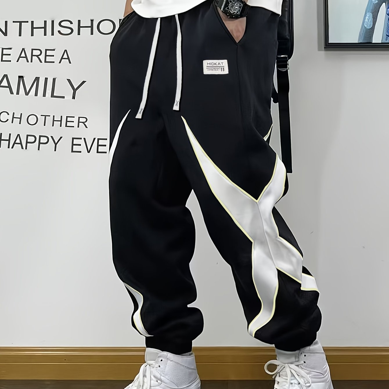 Men's Spring/autumn Athletic Long Pants, Trendy Design Contrast Colors Drawstring Elastic Waist Ankle-cinching Casual Sweatpants