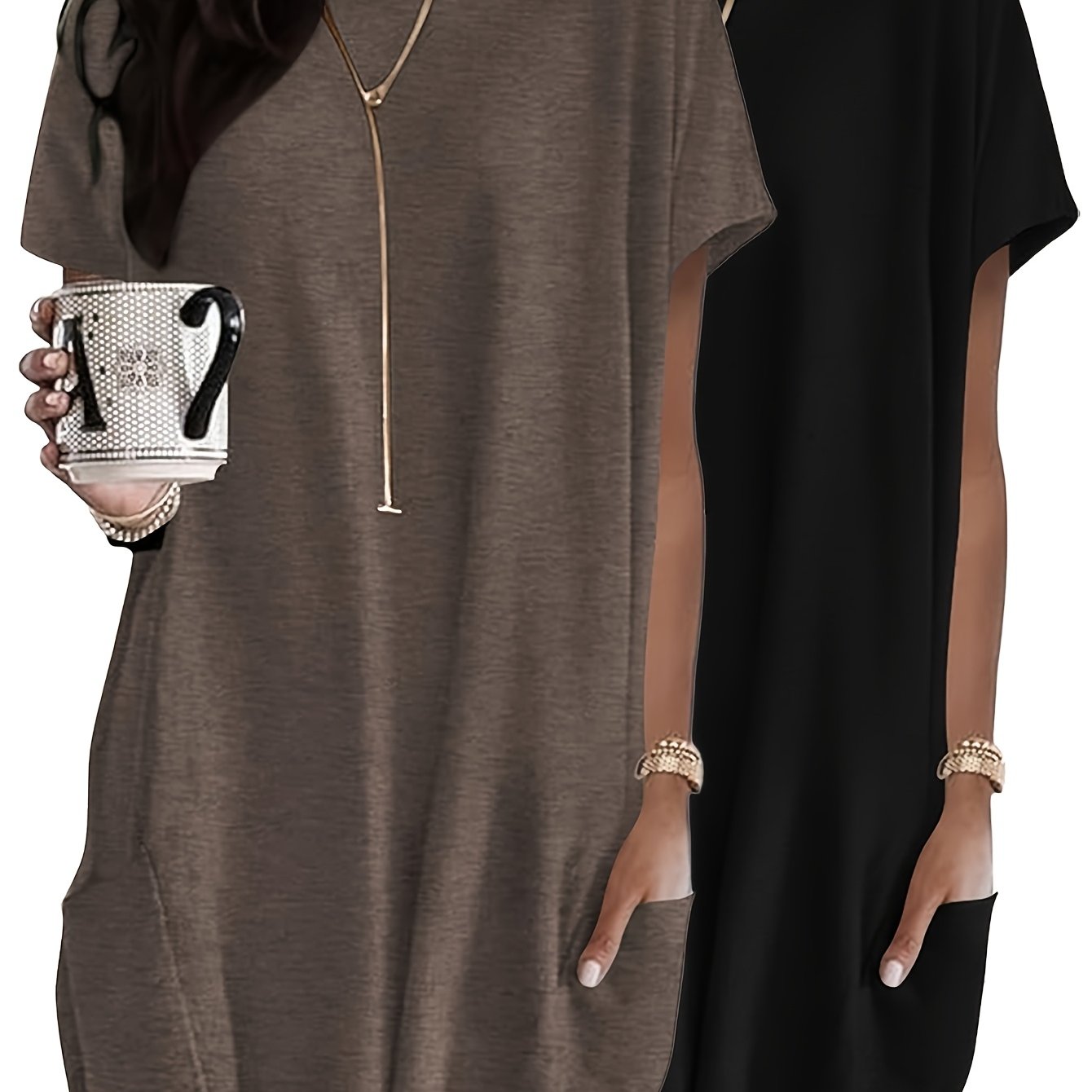 TEMU Women's Fashion Top And Casual Loose Shirt 2pcs Set With Pockets, Elegant Comfortable Short Sleeve Round Neck Long T-shirt