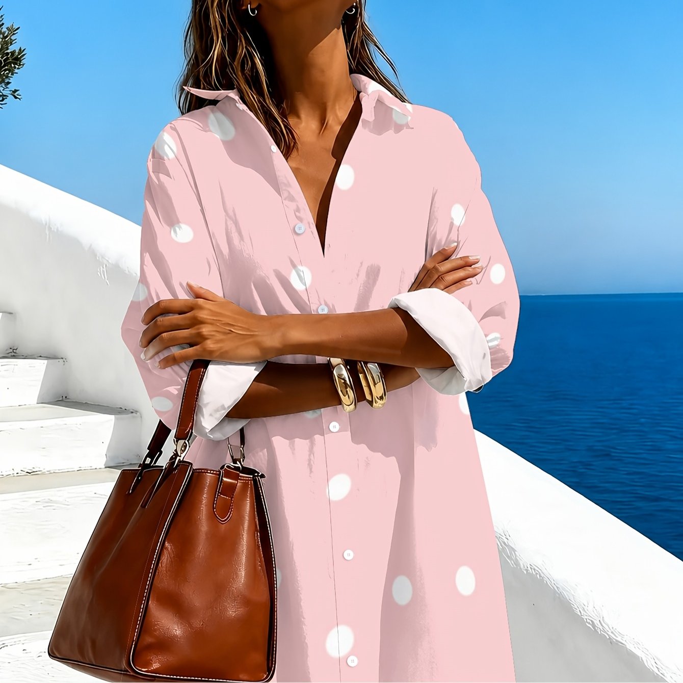 TEMU Plus Size - [printed Design - Not Textured] Plus Size Women' Polka Dot Button-up Long Shirt, Women Can Roll 3/4 Sleeve Casual Beach Long Shirt,