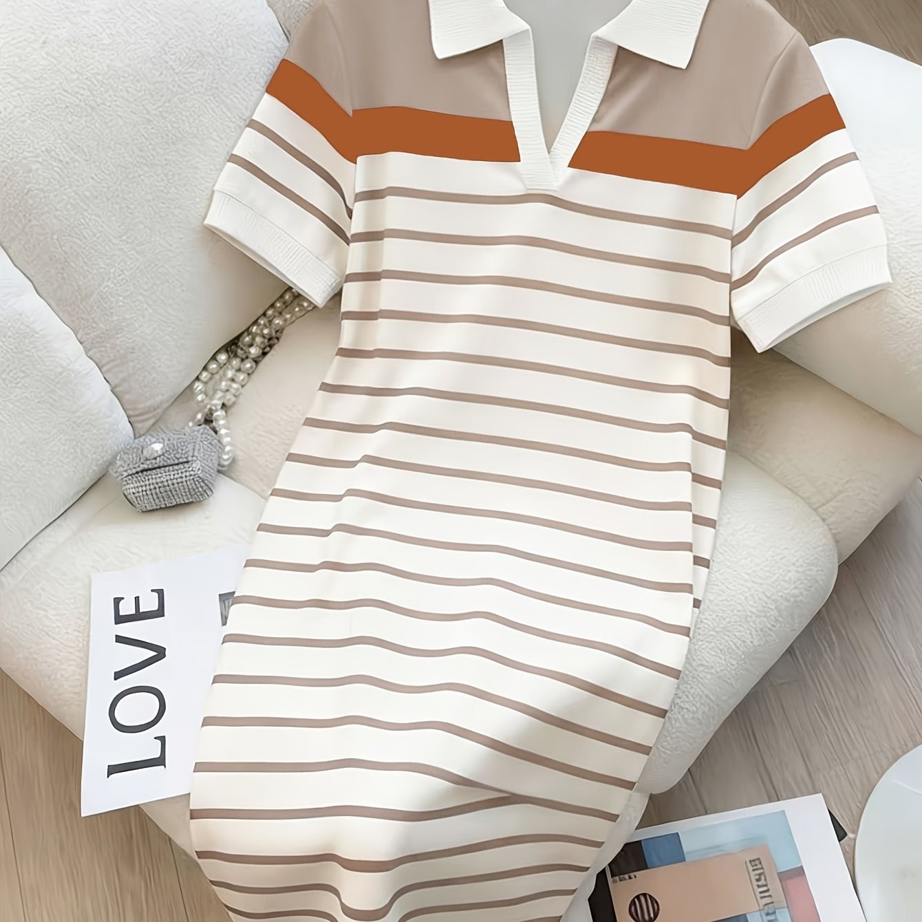 TEMU Retro Vibes Full! Neck Burgundy Striped Dress