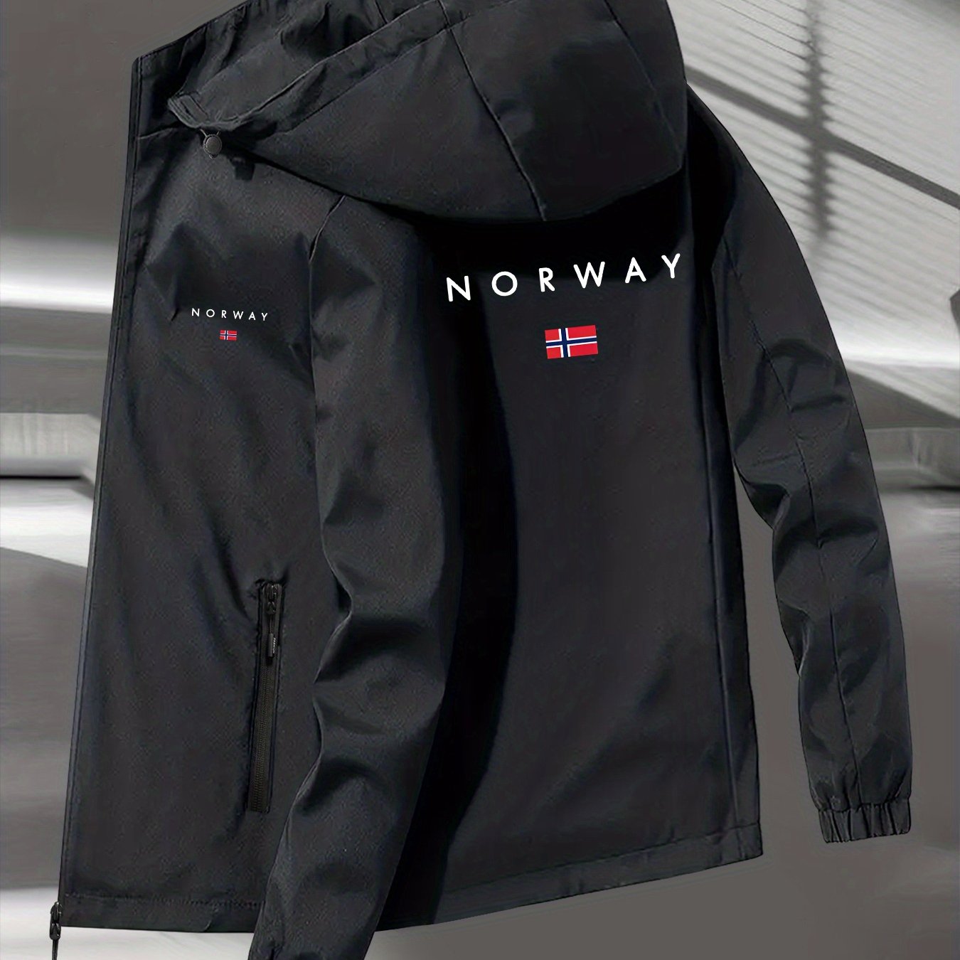 TEMU Chaqueta cortavientos deportiva de larga con cremallera para hombre, con diseño de noruega, capucha ajustable con cordón y puños elásticos, una