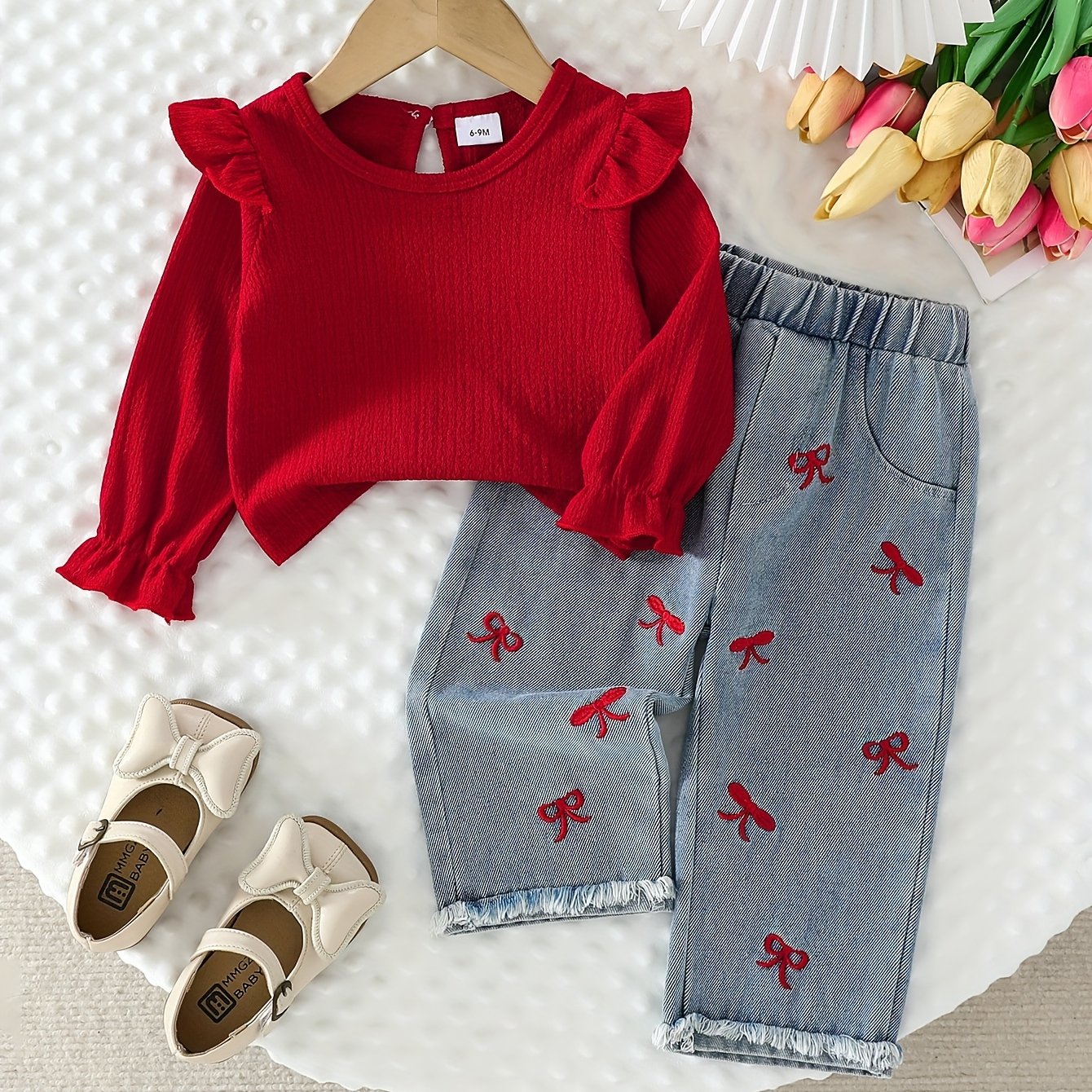 Image of Baby Girl Red Flutter Sleeve Top + Bow Embroidery Casual Pants Two-piece Set, For Outdoor, Halloween