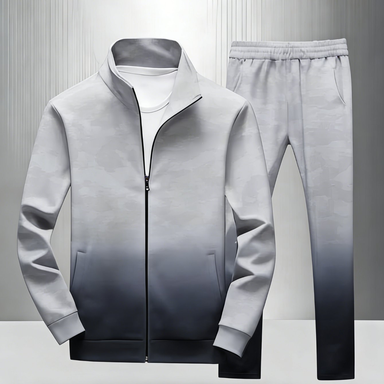 Men's Polyester Athletic Outfit Featuring A Collar, Zippered Cardigan, And Trousers, Workout Attire
