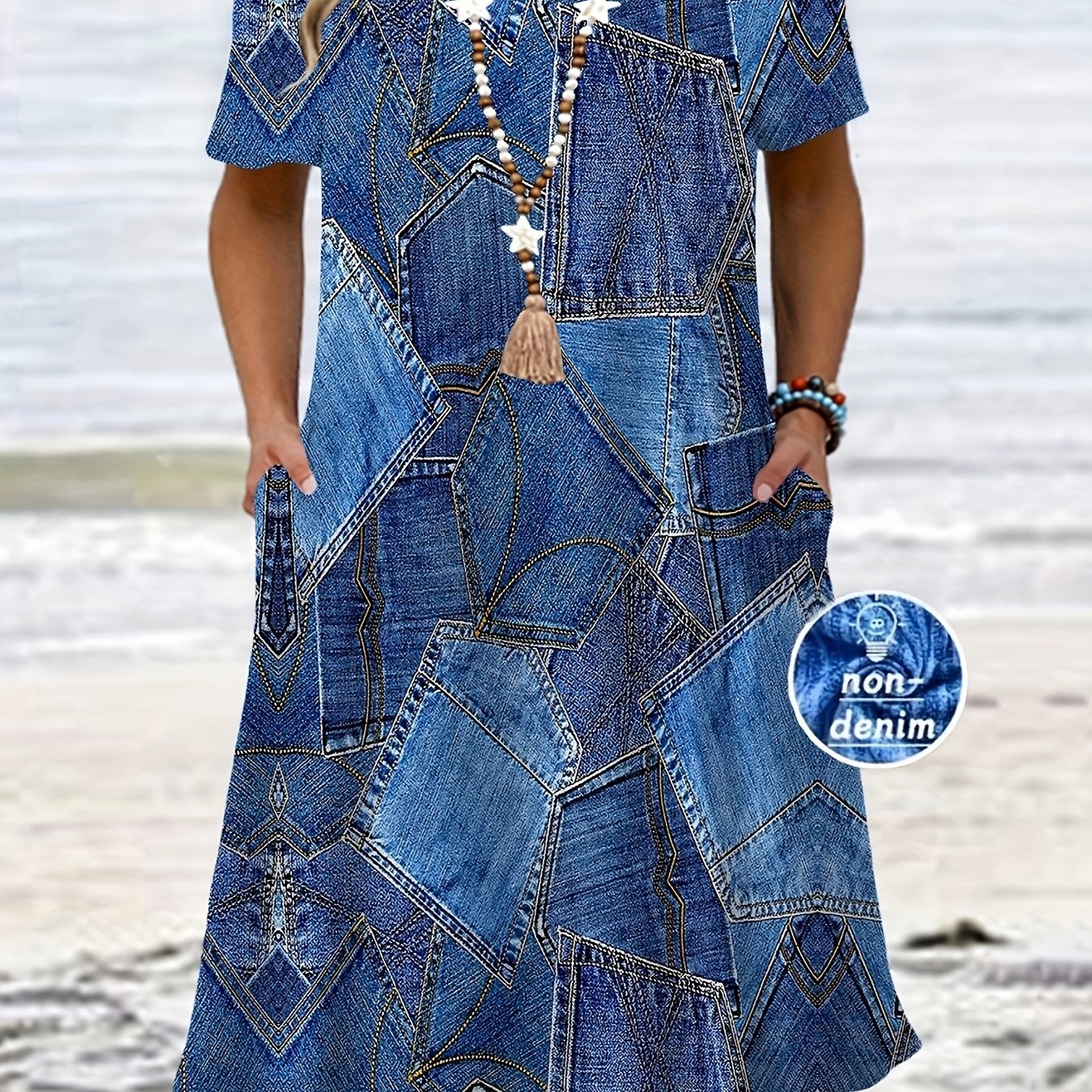 Image of Women's Plus Size Print, Round Neck Short Sleeve Dress With Pockets - Perfect For Summer And Holidays