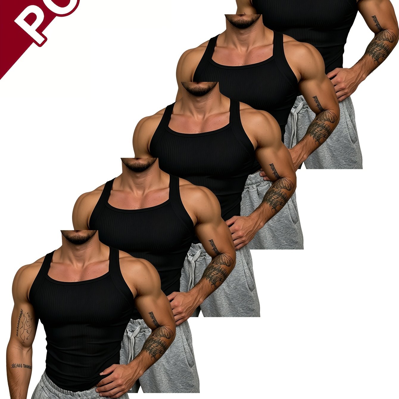 TEMU 5pcs Men's Trendy Ribbed Tank Tops, Sleeveless Body-hugging Stretch Fitness Sports Sweat Shirts For Layering