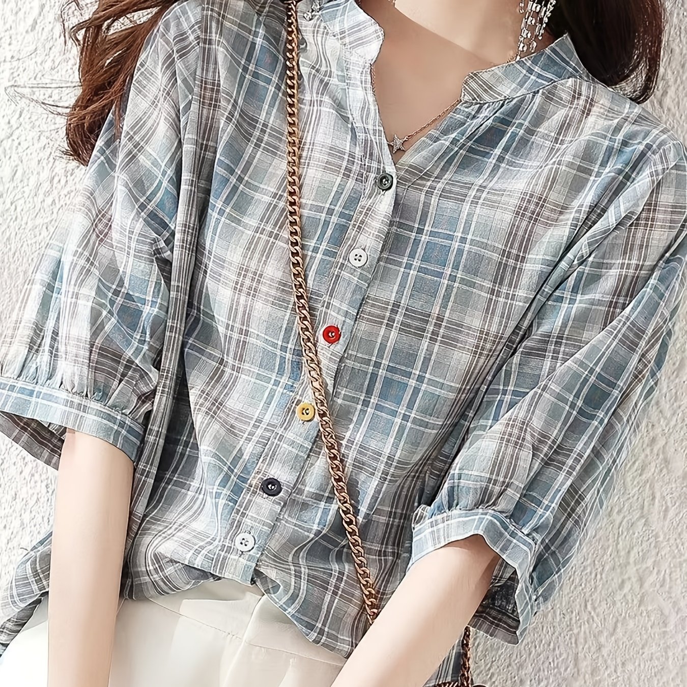 TEMU 【商品名】夏 レディース 薄手 チェック柄シャツ、フでレディーススタイル、デザインセンス、ルーズで快適、カジュアルで万能な半袖 スモール スタンドカラートップス、通勤、バケーション、デートに最適