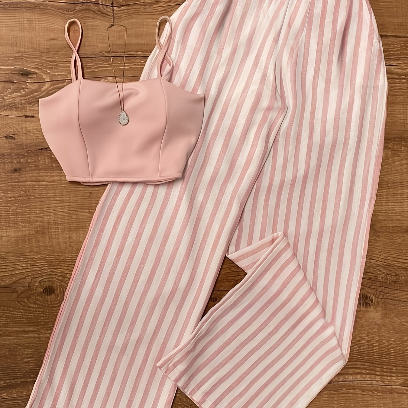 Women's 2pcs Set, Suitable For Spring, Summer, And Autumn, High-end Pink Camisole + Vertical Stripe Wide-leg Pants, Visually Lengthens Legs, And , Versatile And Comfortable