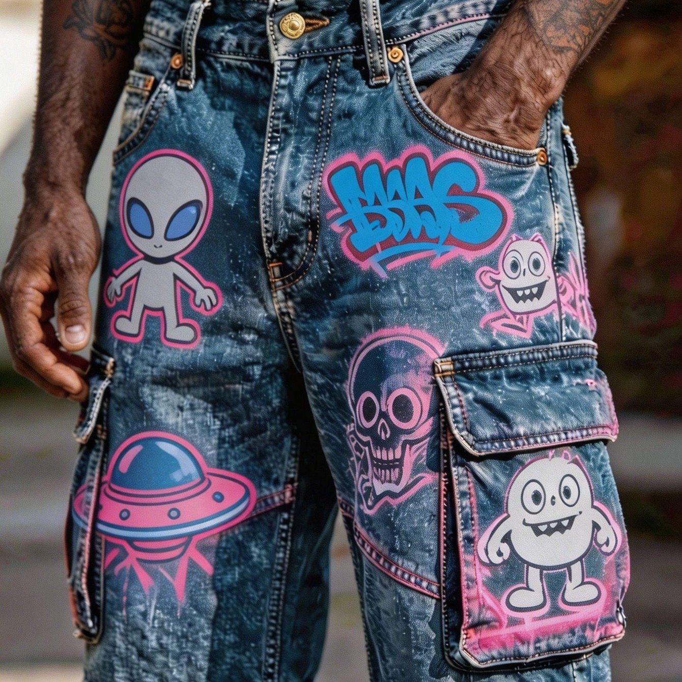 New Retro 90s Loose Work Pants Men' Gradient Cartoon Graffiti Print Multi-pocket Street Style Shorts