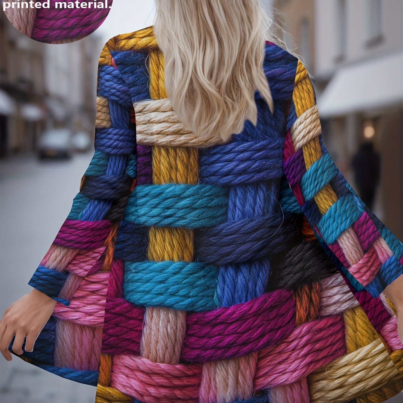 Printed Design Not Textured Women's Texture Rope Print Cardigan Multicolor Cape-like Jacket Turquoise Yellow Long Sleeve Winter For Office, Casual & Home Machine Washable Rope Pattern Outerwear