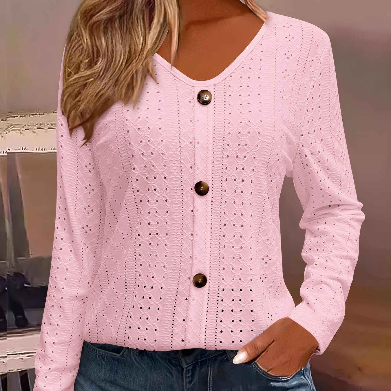 European And V-neck Button Decorative Hollow Long Sleeve T-shirt For Women