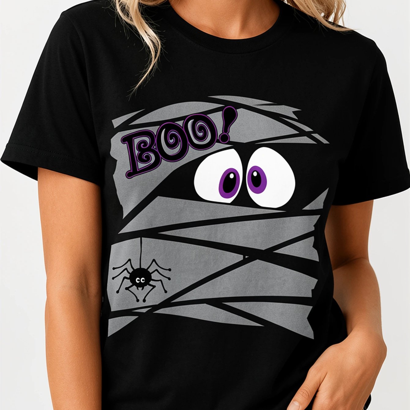 Image of Women's & Unisex Black Short Sleeve T-shirt - Spider Boo Graphic Round Neck Casual Tee, Spooky Halloween Costume Outfit, Machine Washable Suitable For, Wear