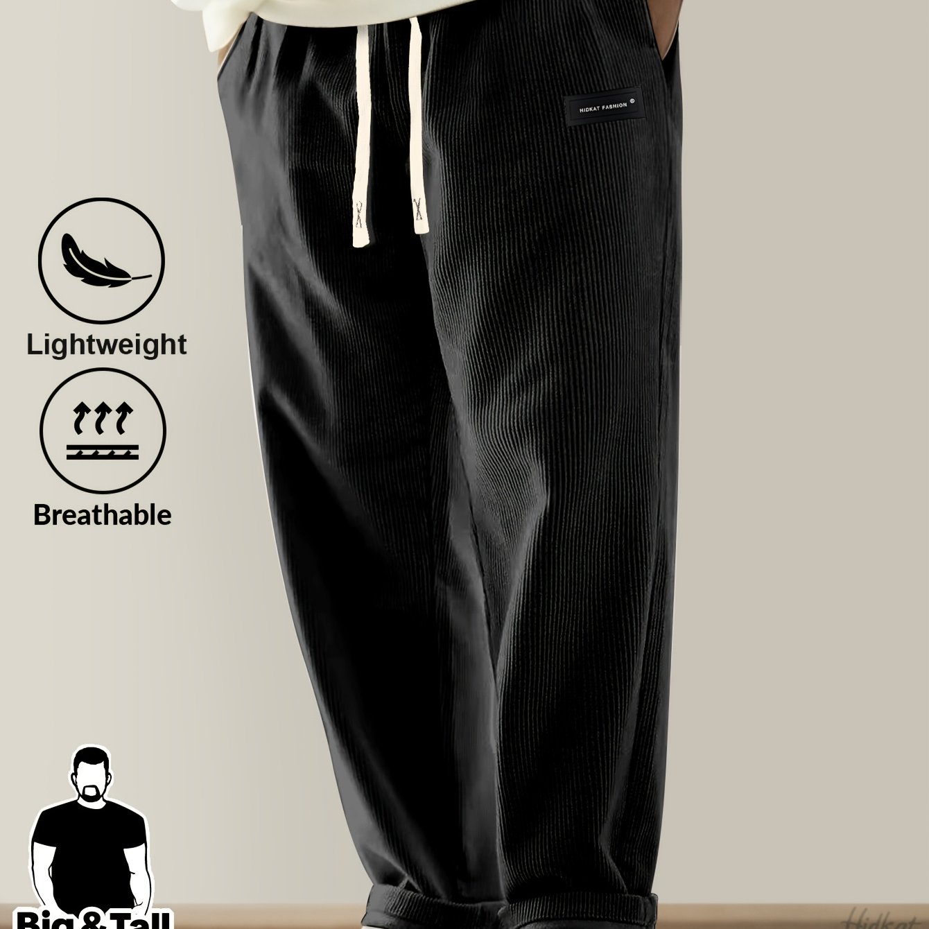 Men's Plus Size Corduroy Spring/autumn Style Long Pants, Casual Trousers With Drawstring Waistband, Side Pockets, And Fashionable Letter Patches For Daily And Leisure