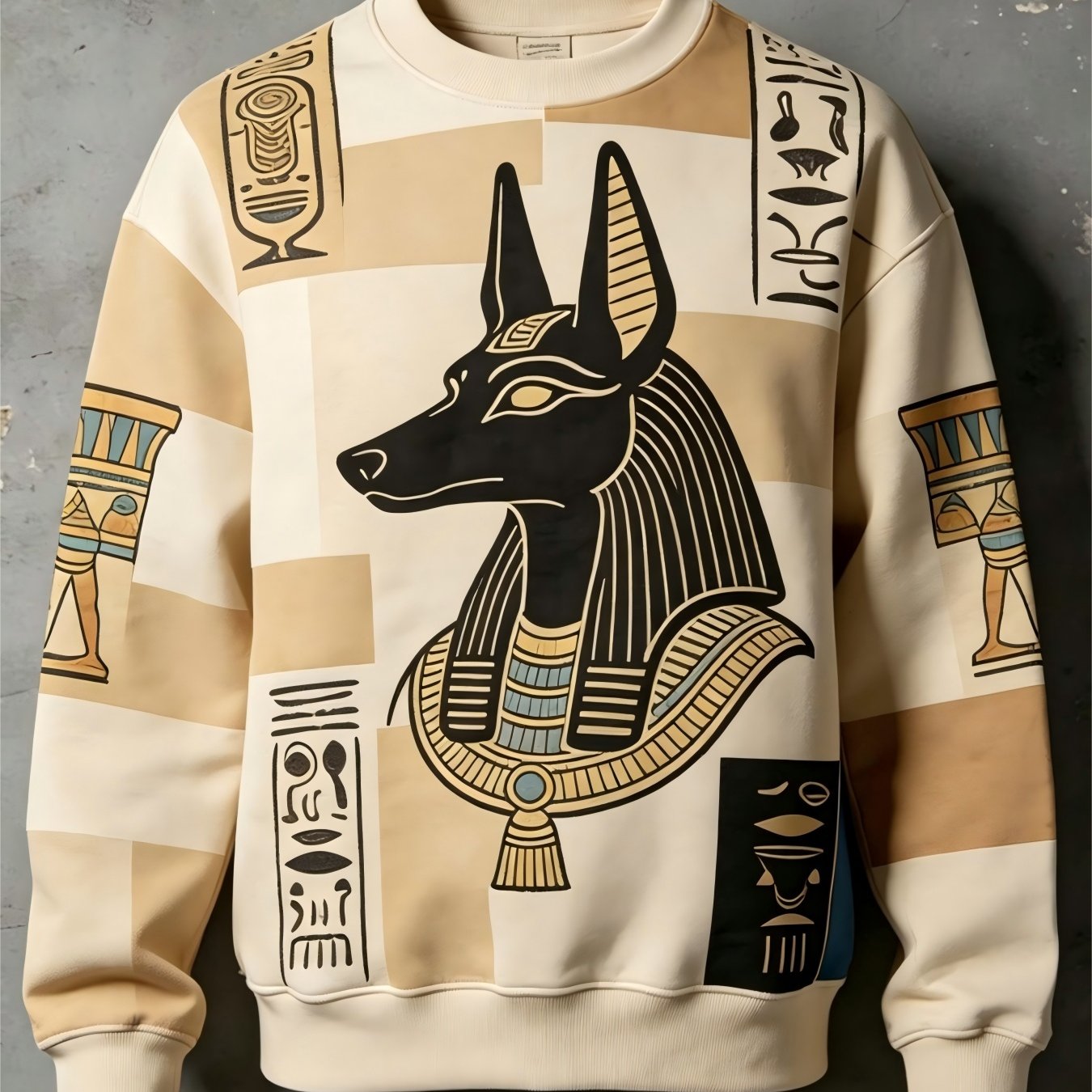 Image of Men Winter Crewneck Sweatshirt Art Print Of Mysterious Ancient Egyptian God Long Sleeve Casual Pullover Versatile Top For Sports Spring And Autumn