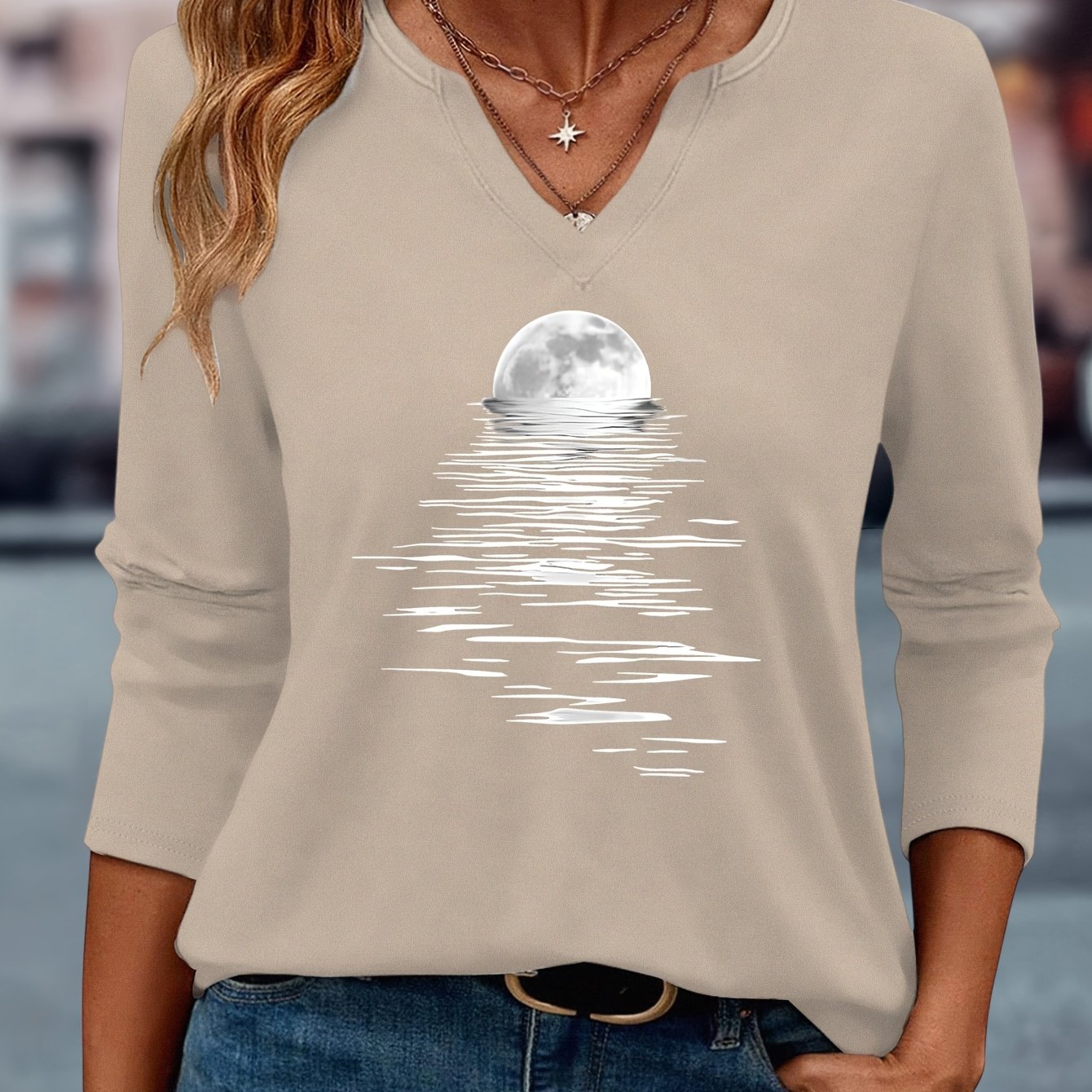 TEMU Rising Over The Sea Pattern Sunrise Print European And American Women's Sweater Casual Versatile Vacation Leisure V-neck Three-quarter Sleeve