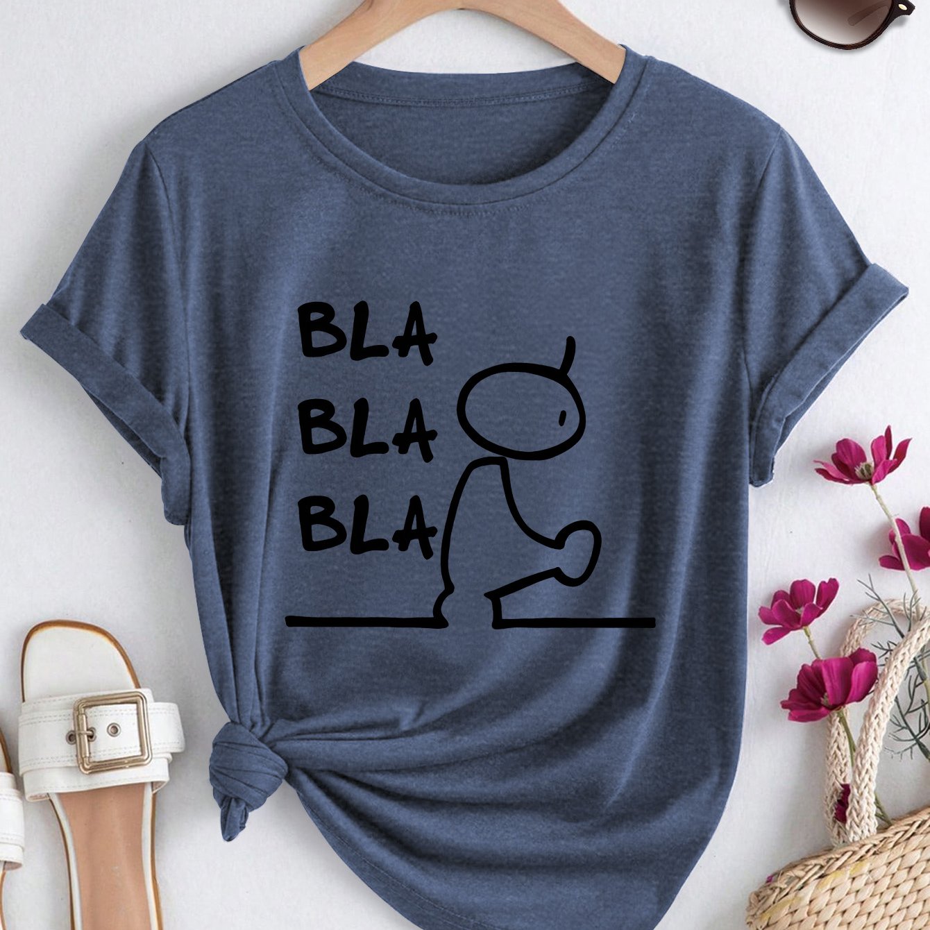 TEMU Plus Size Women's Summer Bla Line Drawing Print Vintage Round Neck Elegant T-shirt 2026 Spring/summer Soft Loose Fit Casual Top, Elegant Party