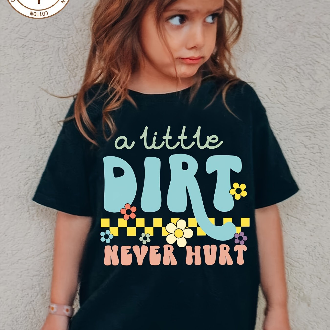 TEMU Cotton Short Sleeved Girl A Little Dirt Hurt Letter Printed Soft And Fashionable Round Neck T-shirt