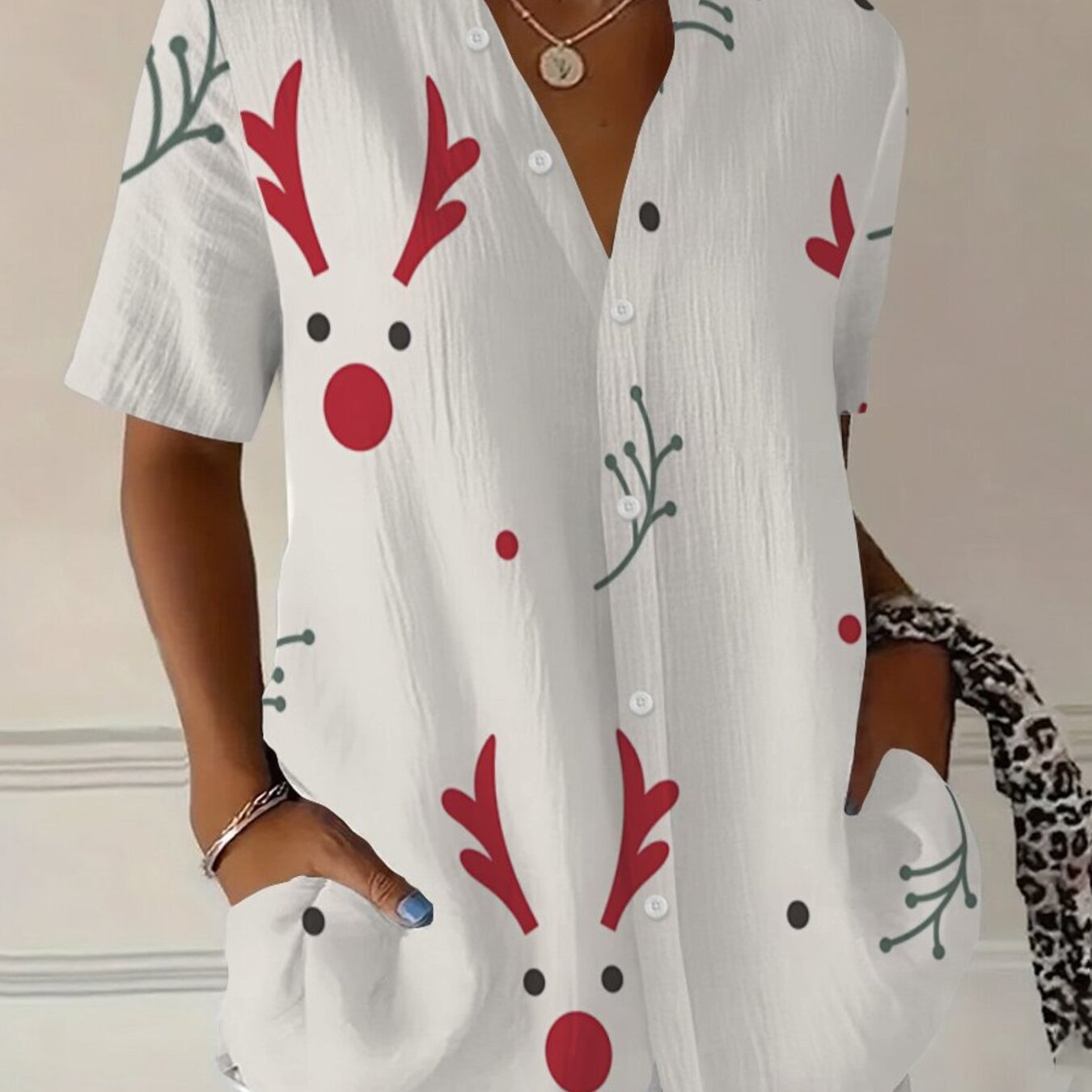 TEMU Women's Plus Size Short Sleeve Shirt, Loose Fit, Full-print Christmas Reindeer Cartoon, Full Of Festive Atmosphere, Suitable For Christmas