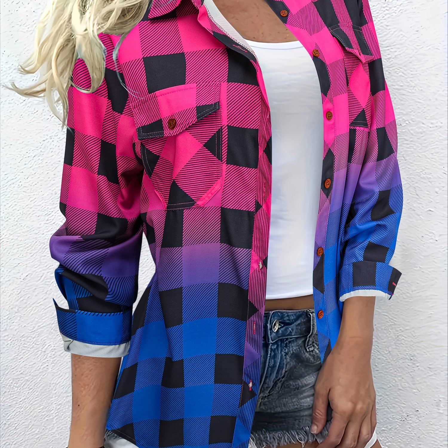 Color-block Gradient Lapel Long-sleeve Shirt
