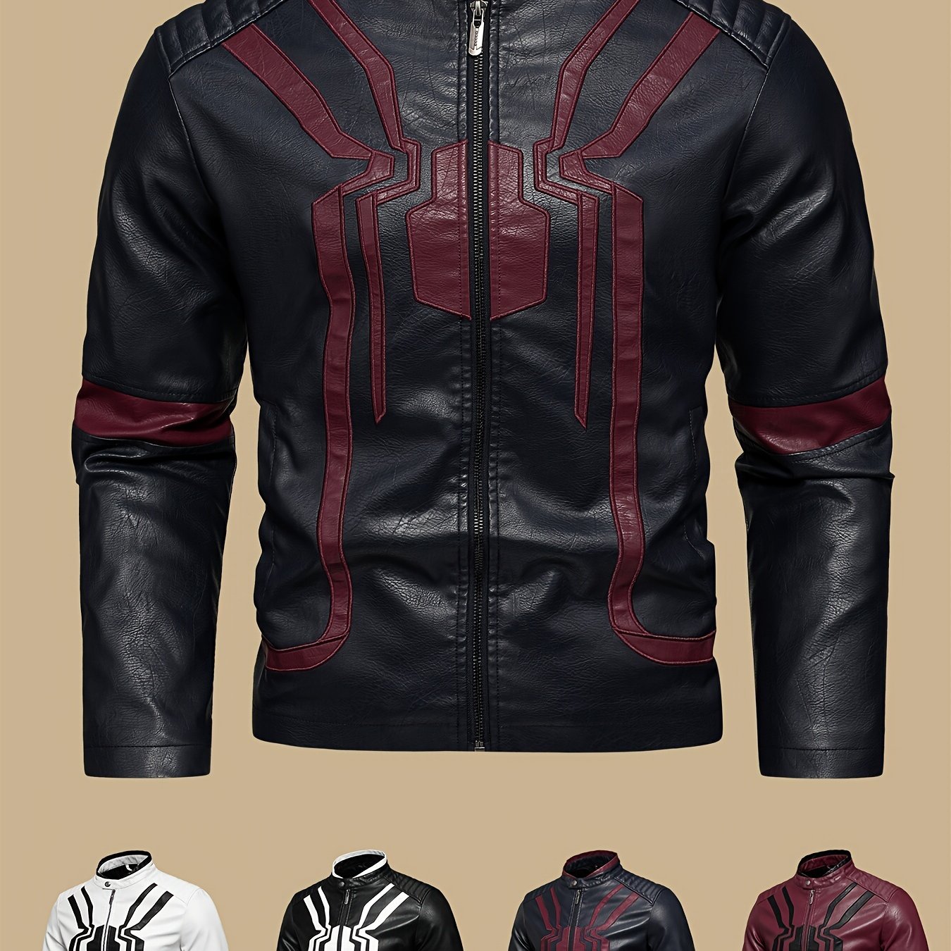 mens color blocking spider pattern stylish pu leather jacket