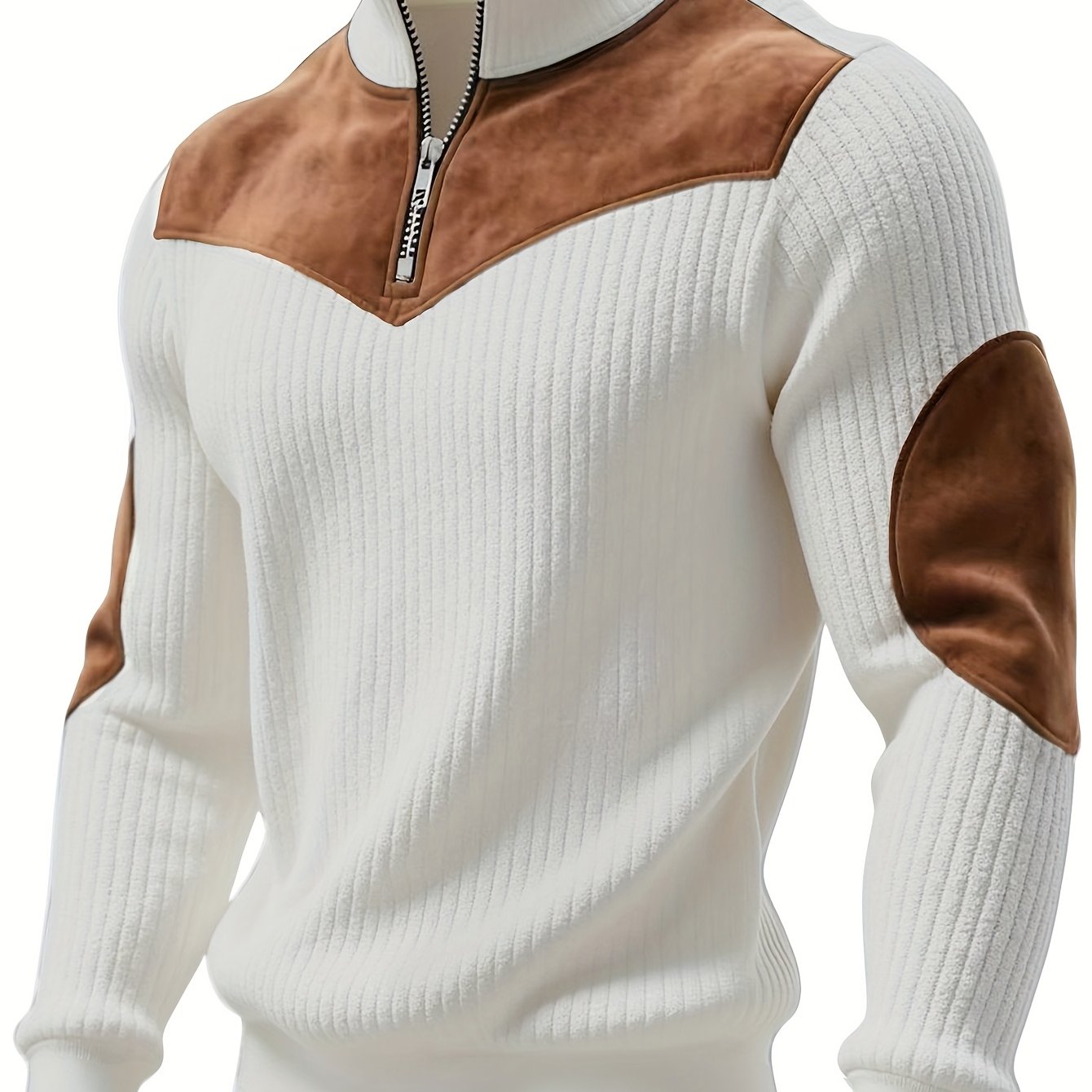 Image of Men's Collar Pullover Sweater, Fall Winter Warm Half-zipper Solid Color Contrast Ribbed Vintage Street Pullover Sweatshirt