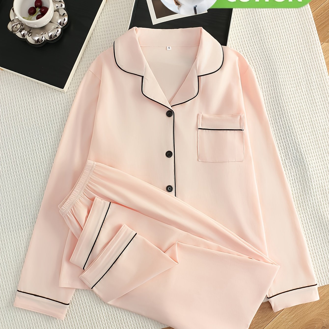 2pcs Pink With Black Trim Women's Pajama Set, Skin-friendly And Breathable, Loose-fitting Lightweight Button-front Long-sleeve Top And Long Pants, Elegant Style Women's Pajama Set