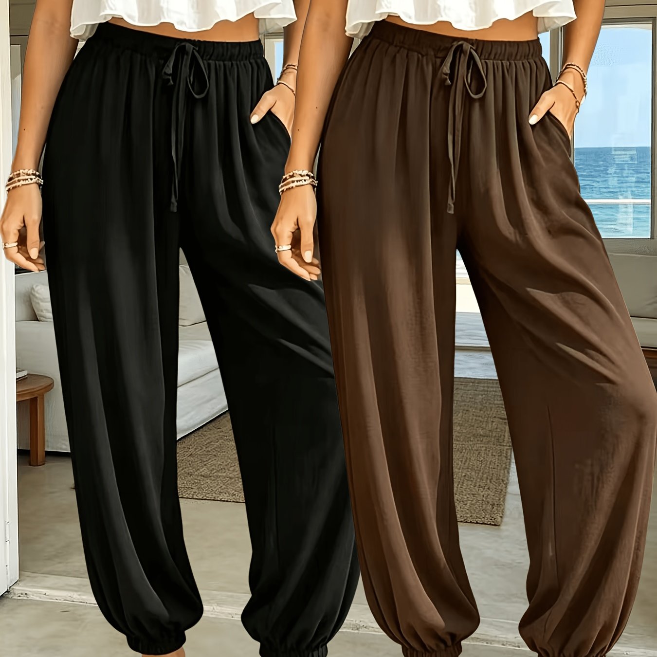 TEMU 2pcs European And Solid Color Versatile Cargo Pants, Elastic Waistband With Legs For A Draped, Breathable, And Casual Look, Featuring Side
