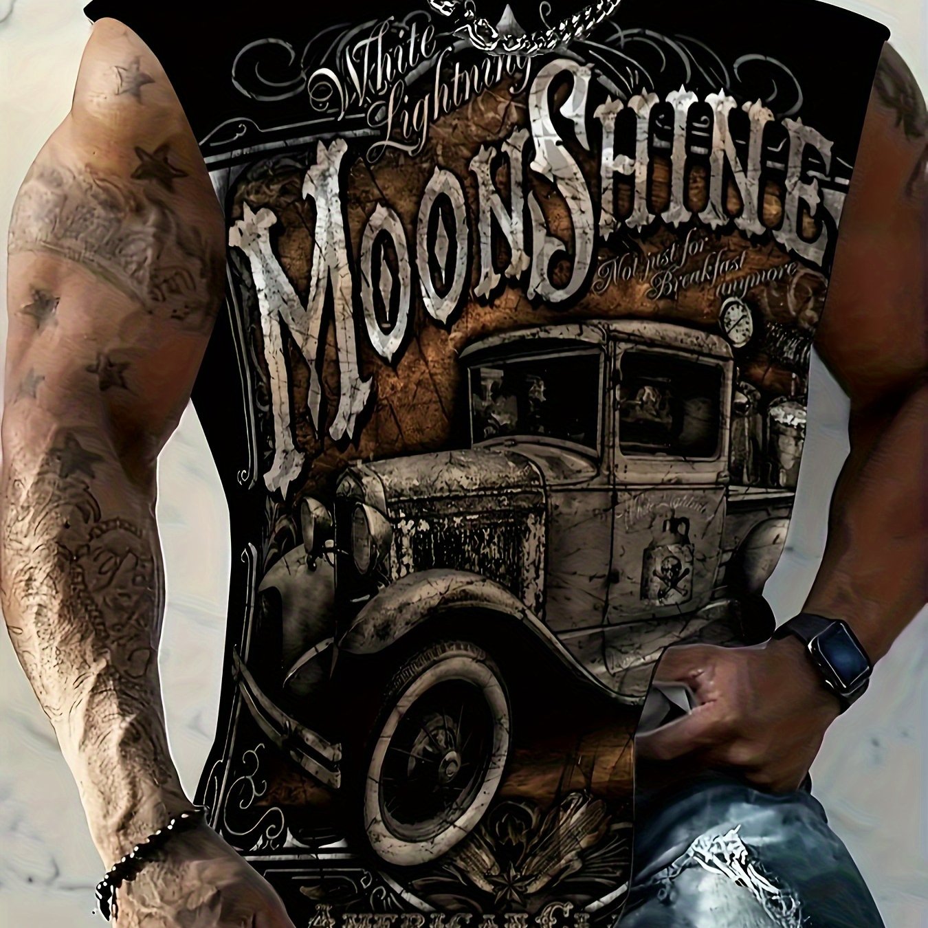 TEMU [printed Design - Not Textured] Men's Vintage Car And Letter Print Tank Top - Breathable, Comfortable Sleeveless Shirt For Casual, Gym, Sports,