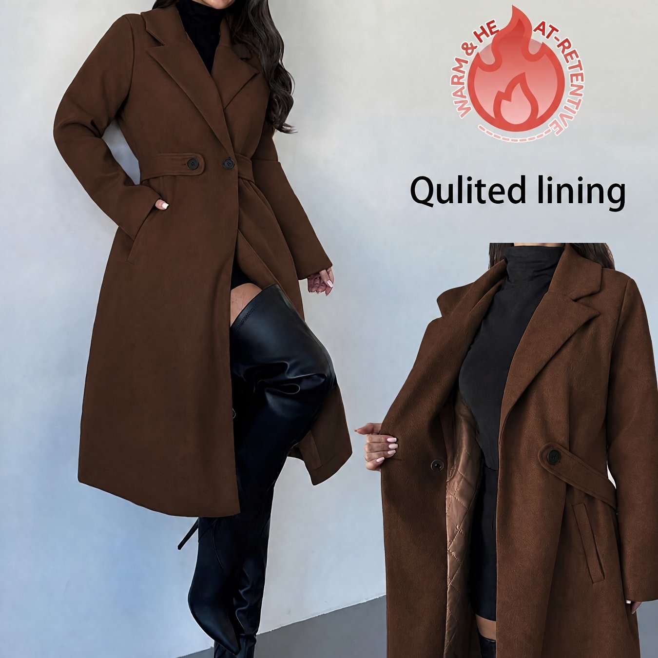 TEMU Ladies' Elegant Double-breasted, Solid Color Long Double-breasted Overcoat, Thickened Lined Slim-fit Lapel Jacket Z260
