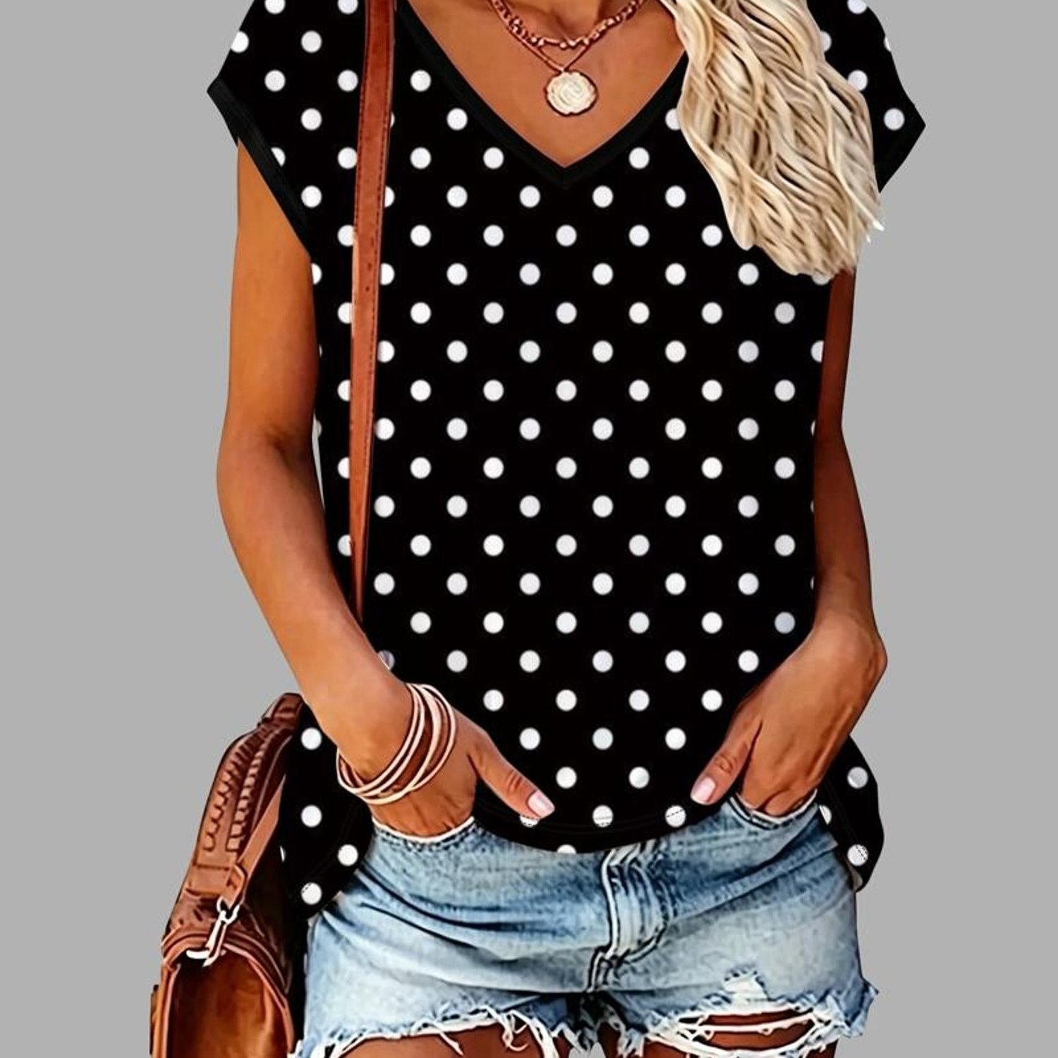 TEMU Black And White Polka Dot V-neck Short Sleeve Top Women's French Retro Slim Fit Versatile Casual T-shirt Summer Office Date Outerwear Innerwear