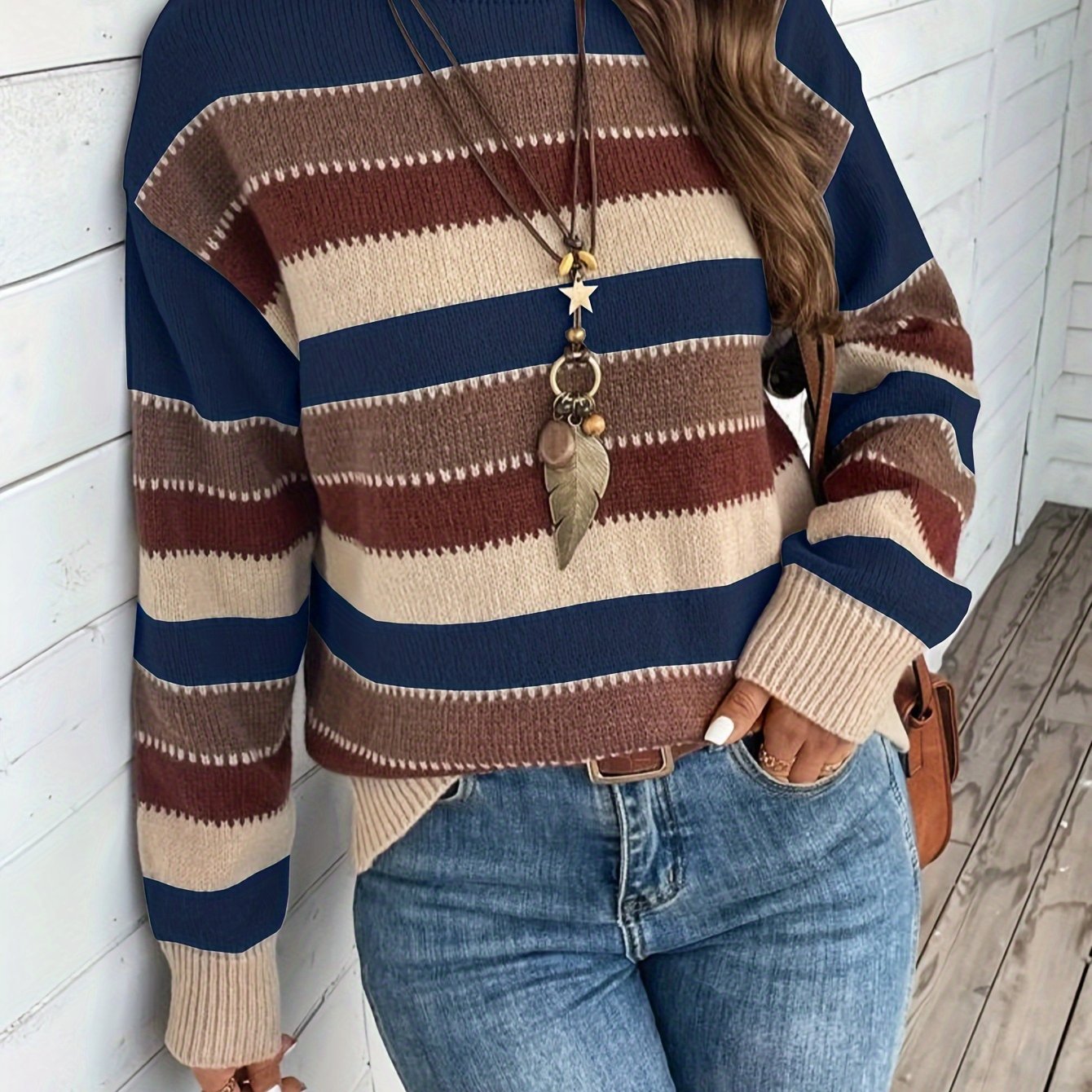 Image of Women's Vintage Casual Sweater - Soft Medium-stretch Round Neck Long Sleeve, Horizontal Striped Loose Fit Pullover For & Everyday , Cute Sweaters, Elegant Layering Piece, Durable Knitwear