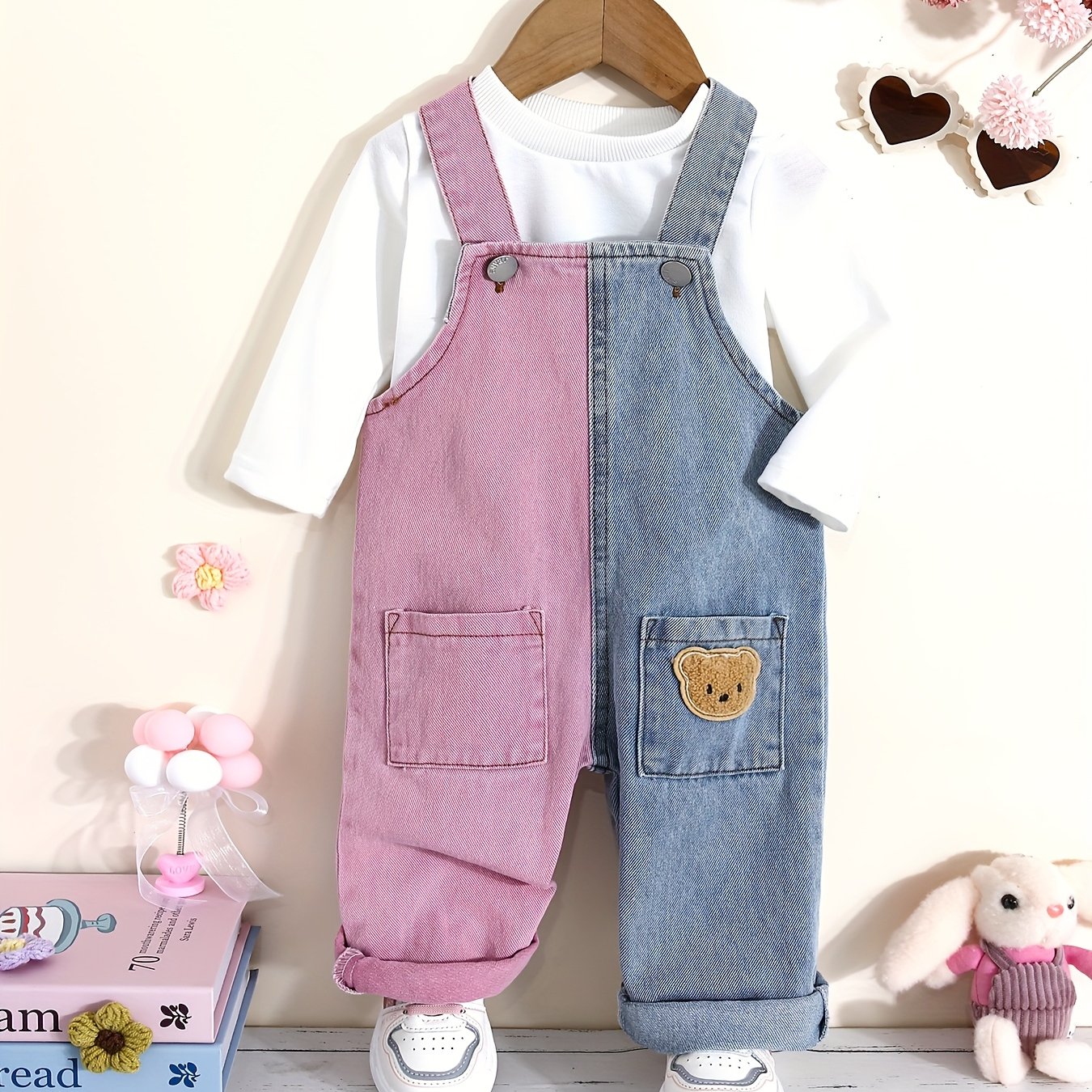 Image of 2pcs Girls' Newborn Christmas Valentine's /autumn Denim Overalls Set, Perfect For Outdoor