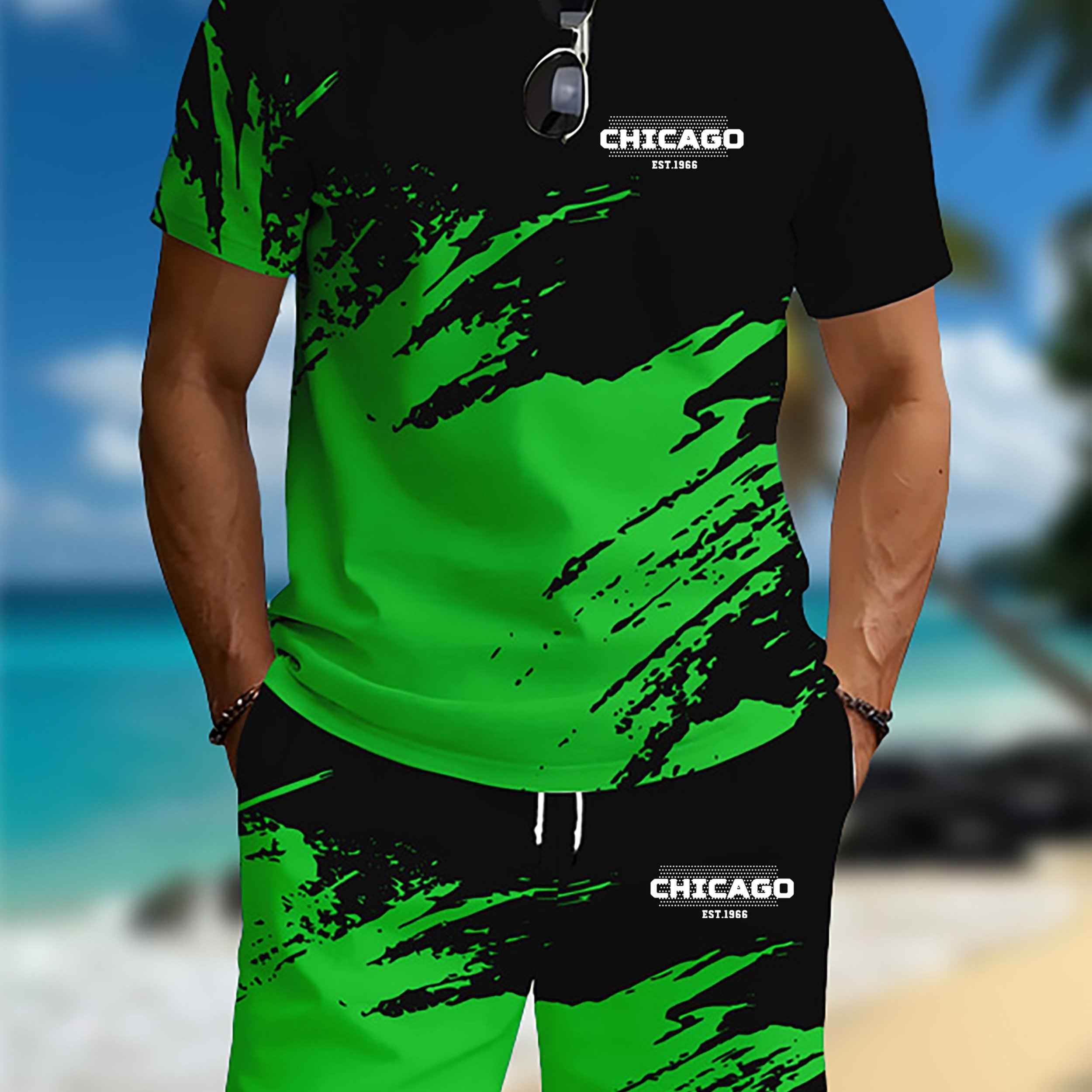 TEMU Men's Summer Casual Sportswear Set, Black And Red Ink Splatter With English Logo, For All Body Types, Versatile For Commuting/sports/vacation,