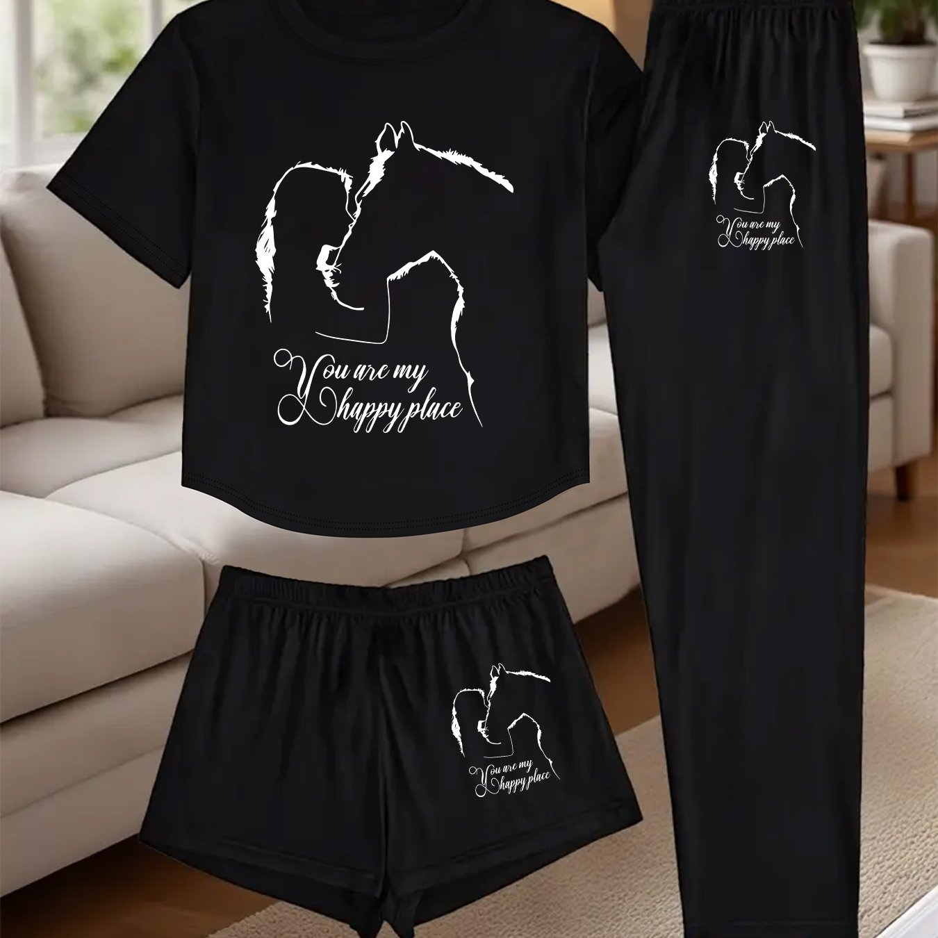 TEMU (standard 1002# Set) Women's Three-piece Set, Printed Design Women's Pajama Three-piece Set, Comfortable Clothing