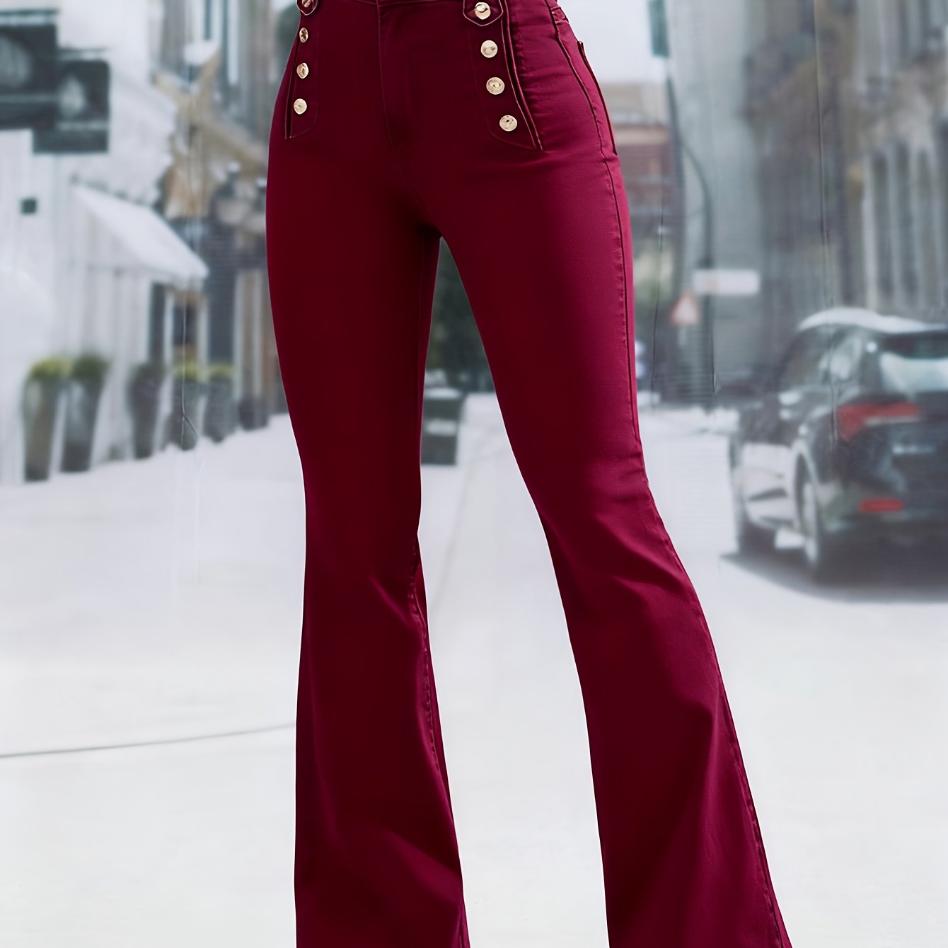 New New Elegant Versatile Wine Red Washed Flared Jeans, Elastic Fabric, Row Button Design Stretches Leg Length Tailoring, Suitable For Casual , Suitable For