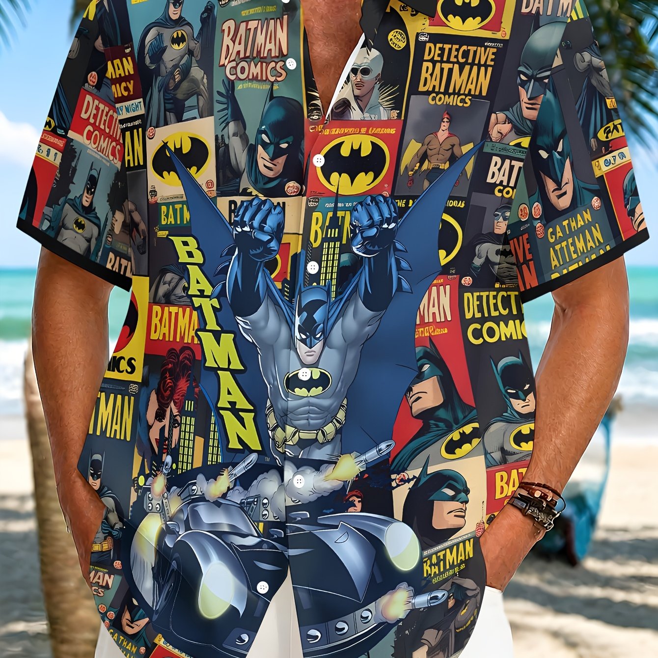 TEMU 1pc Batman Vintage Comic Style Men's Short-sleeve Shirt, Nostalgic Comic Poster , Loose And Breathable Lapel Design, Casual Shirt, Versatile For